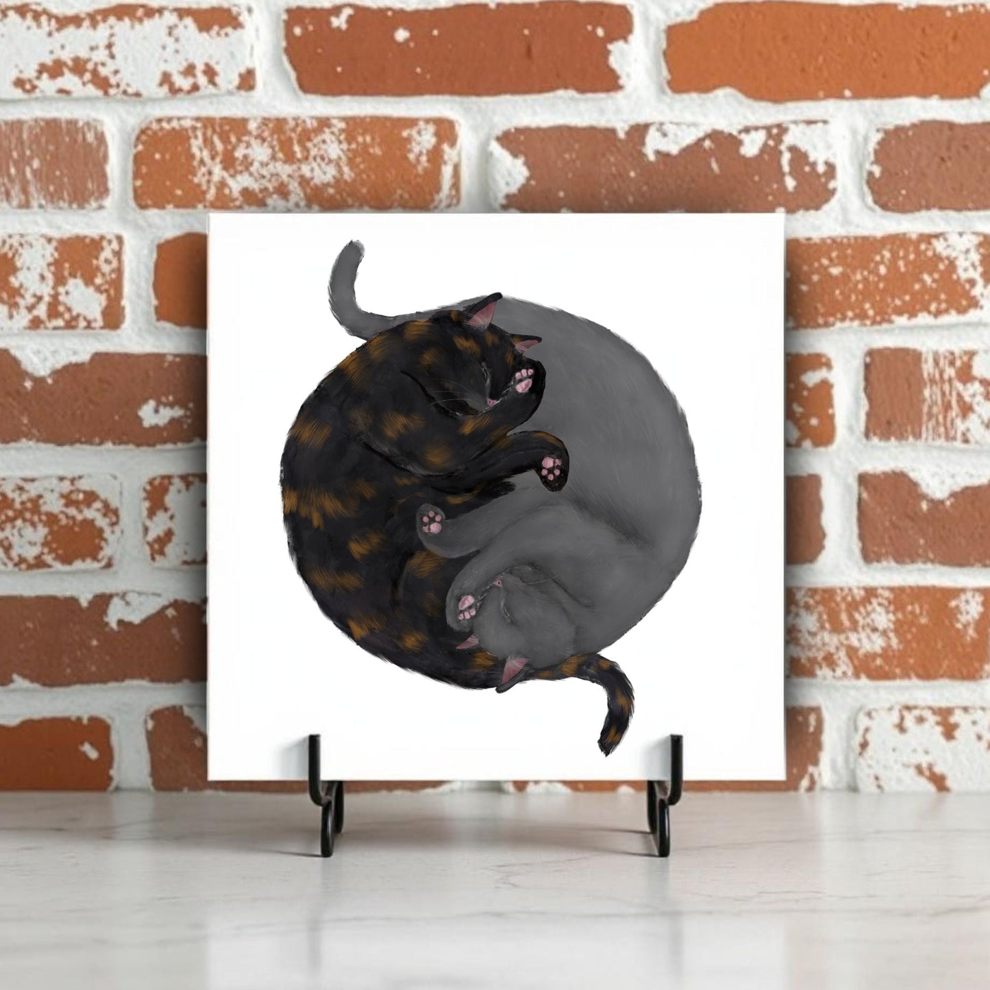Yin and Yang Tortoiseshell and Gray Cats Ceramic Tile - MerikaArt