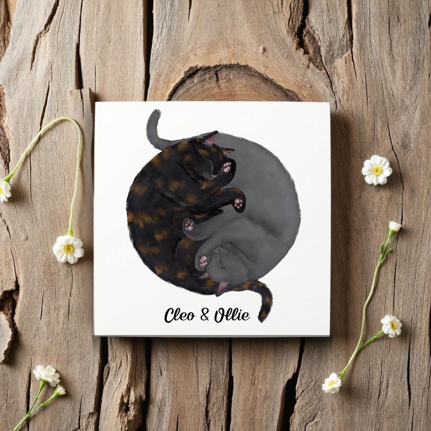 Yin and Yang Tortoiseshell and Gray Cats Ceramic Tile - MerikaArt