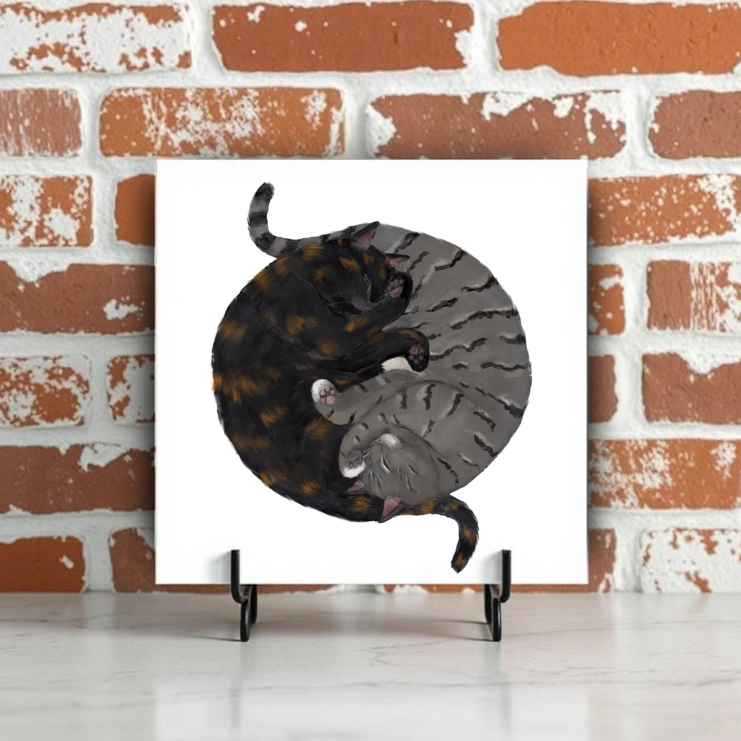Yin and Yang Tortoiseshell and Tabby Cats Ceramic Tile - MerikaArt