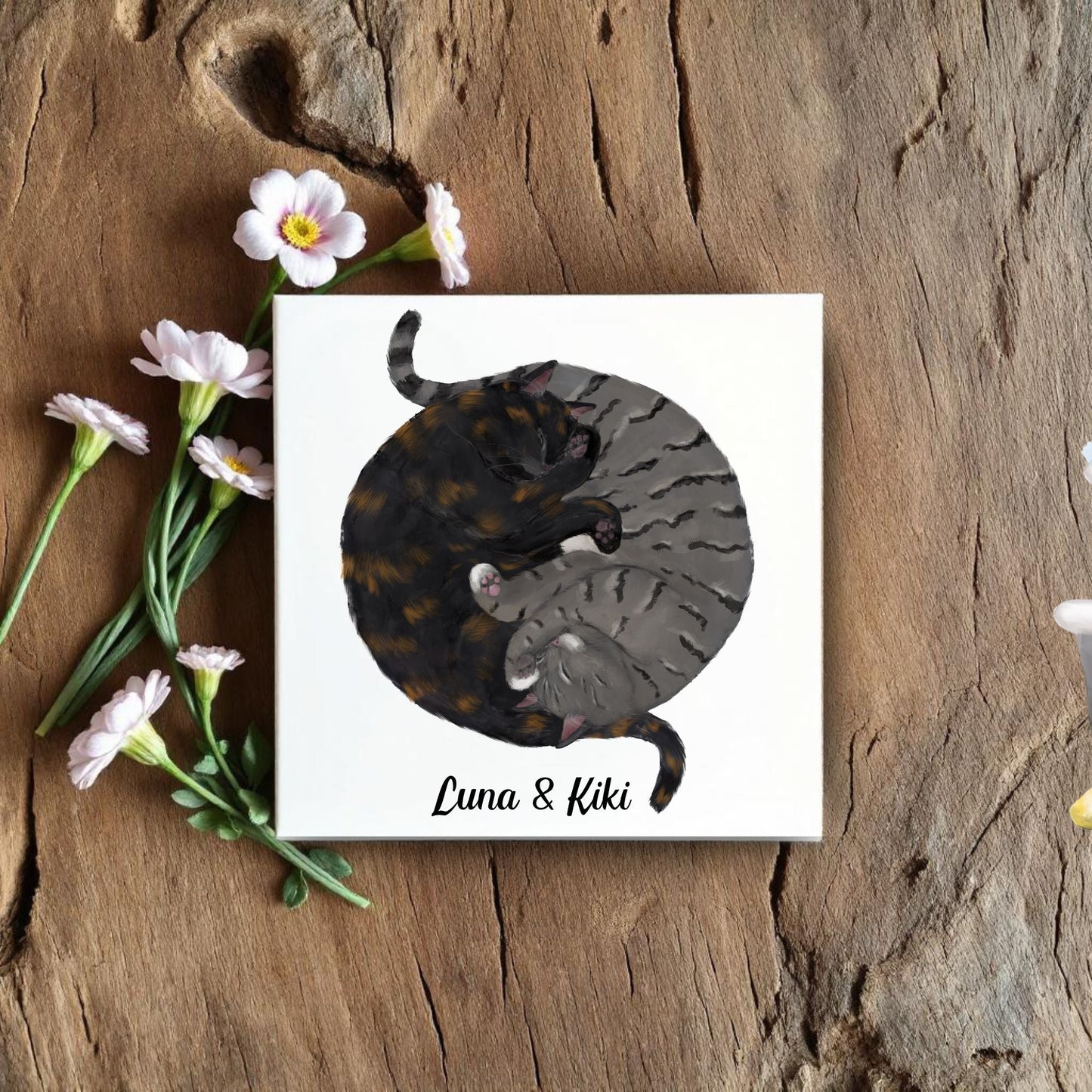 Yin and Yang Tortoiseshell and Tabby Cats Ceramic Tile - MerikaArt