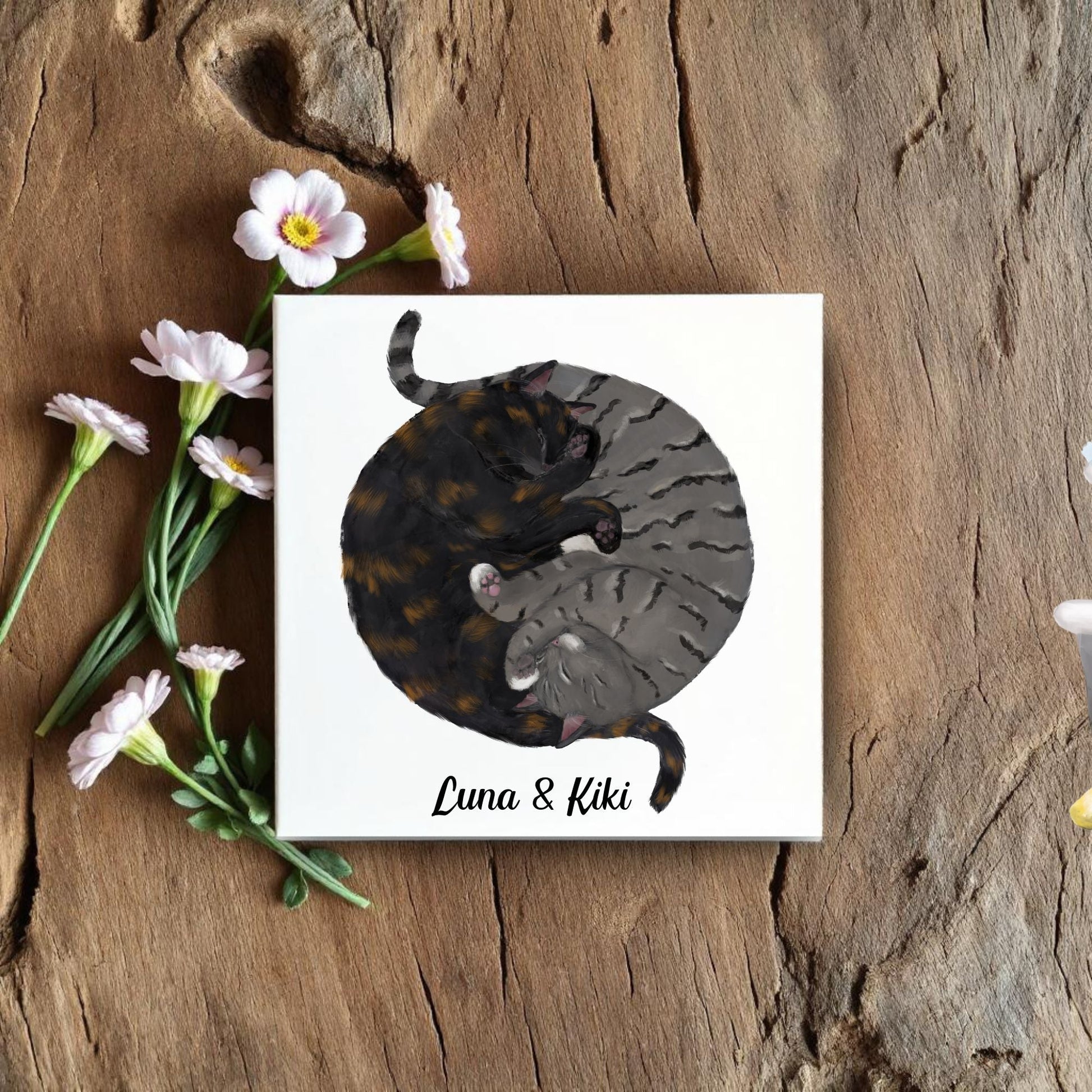 Yin and Yang Tortoiseshell and Tabby Cats Ceramic Tile - MerikaArt