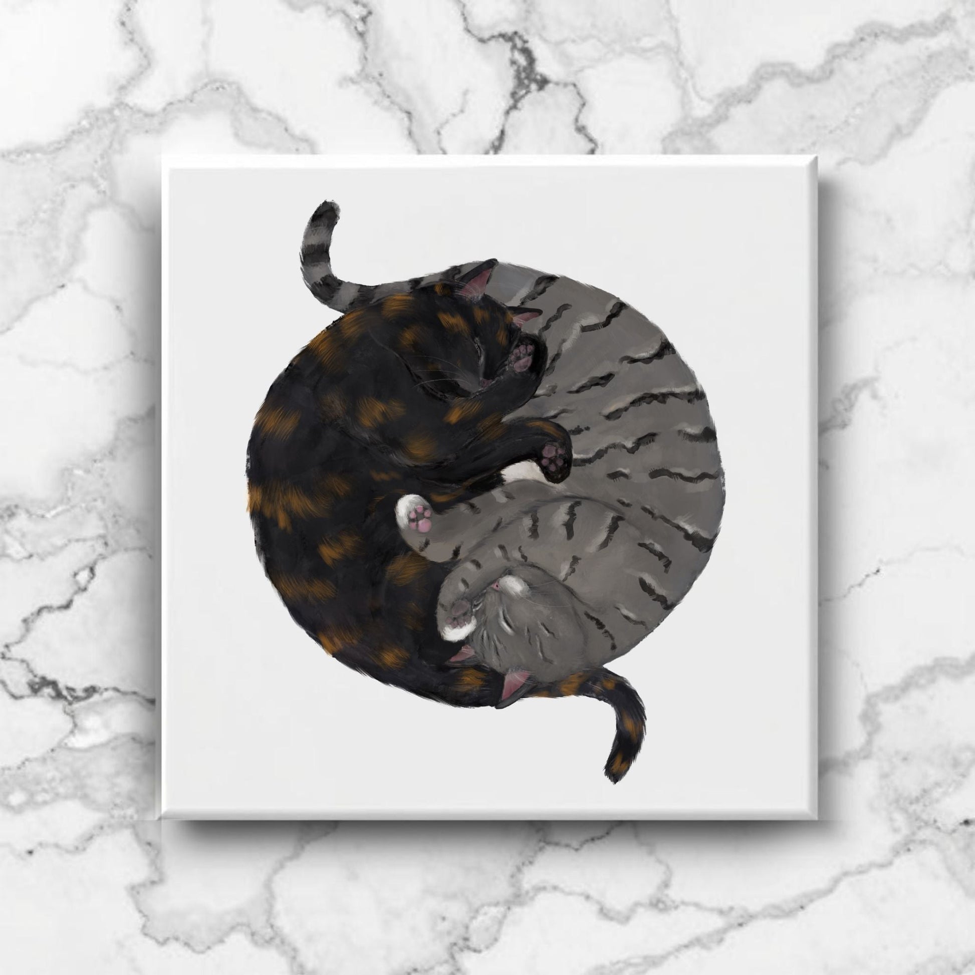 Yin and Yang Tortoiseshell and Tabby Cats Ceramic Tile - MerikaArt