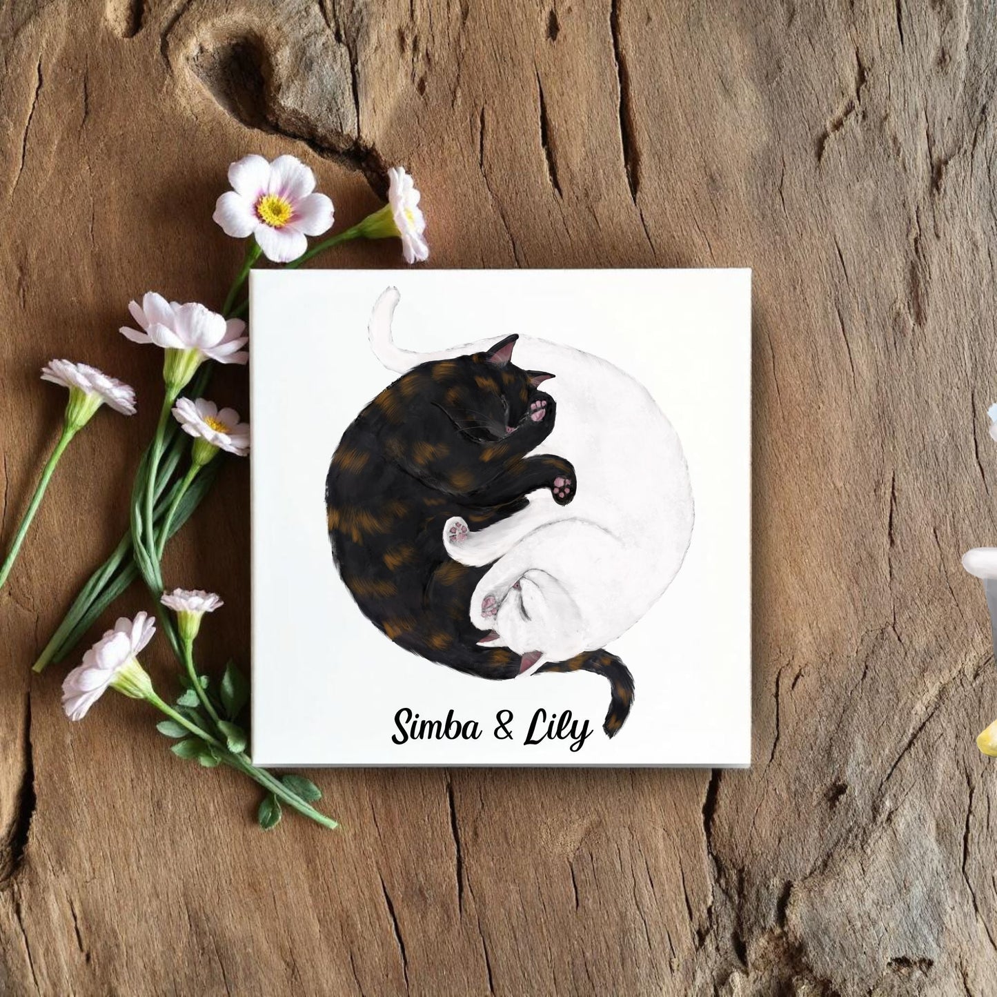 Yin and Yang Tortoiseshell and White Cats Ceramic Tile - MerikaArt