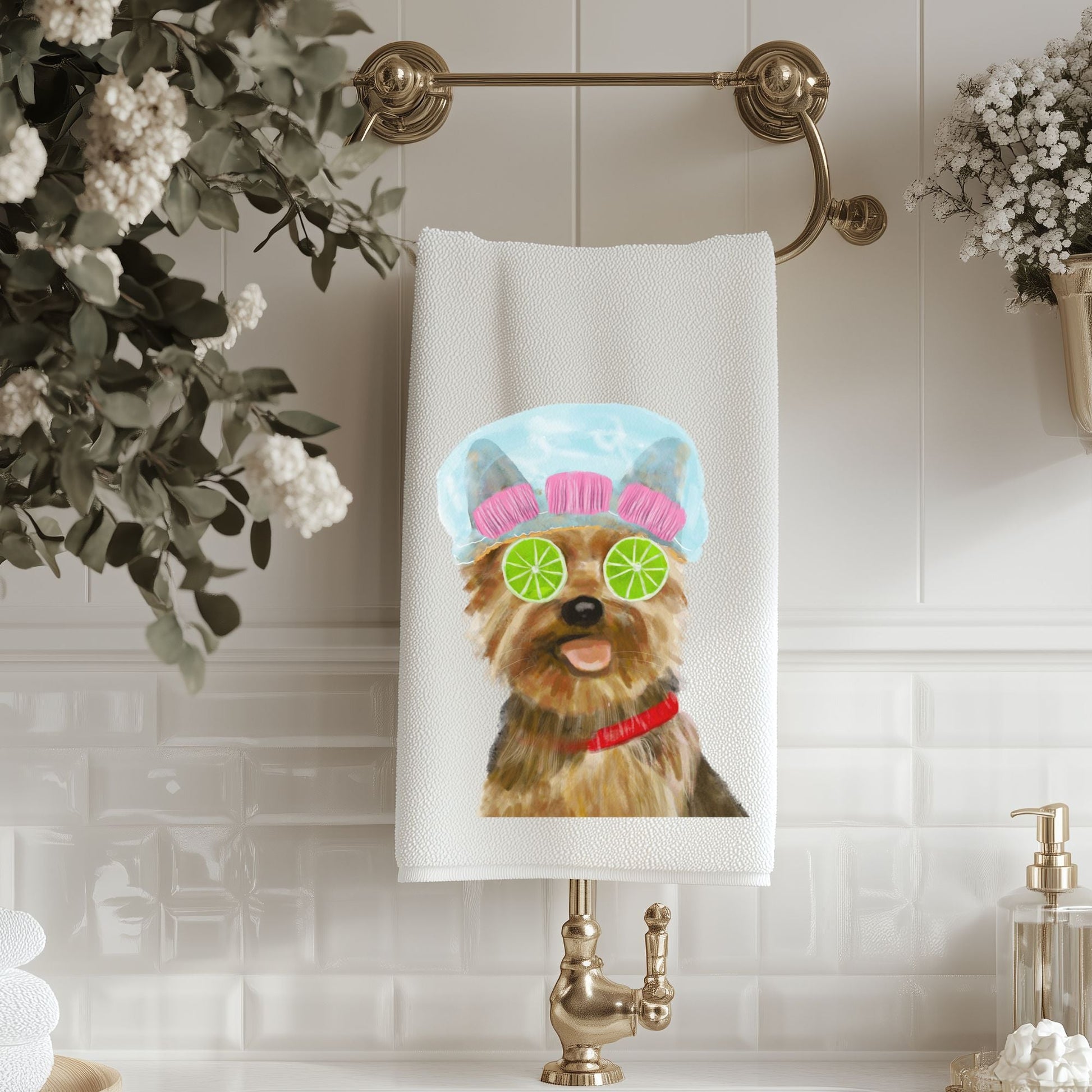 Yorkie Spa Day Bathroom Towel - MerikaArt