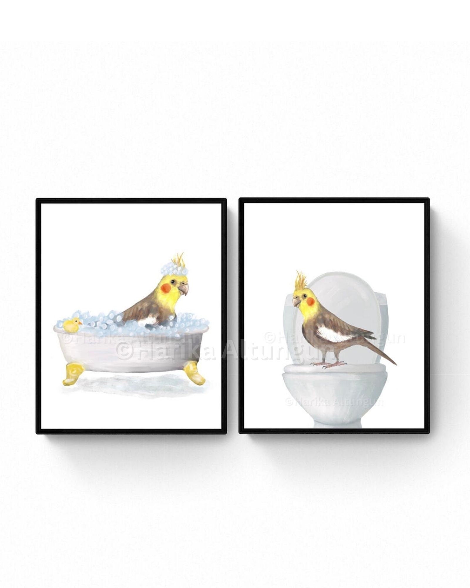 Cockatiel in Bathroom Set of 2, Cockatiel On Toilet Print, Parrot In Bath,  Animal Bathroom Wall Art, Cockatiel Memorial Painting, Bird Lover