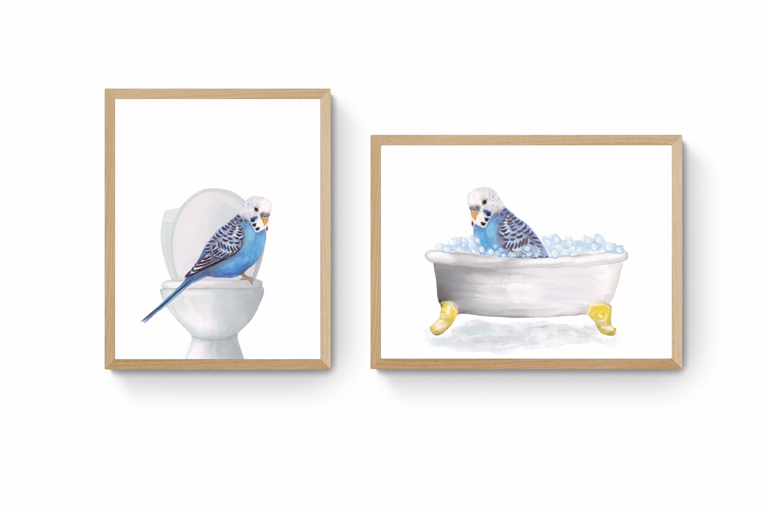 Blue Budgie in Bathroom Set of 2, Blue Parakeet On Toilet Print, Budgi