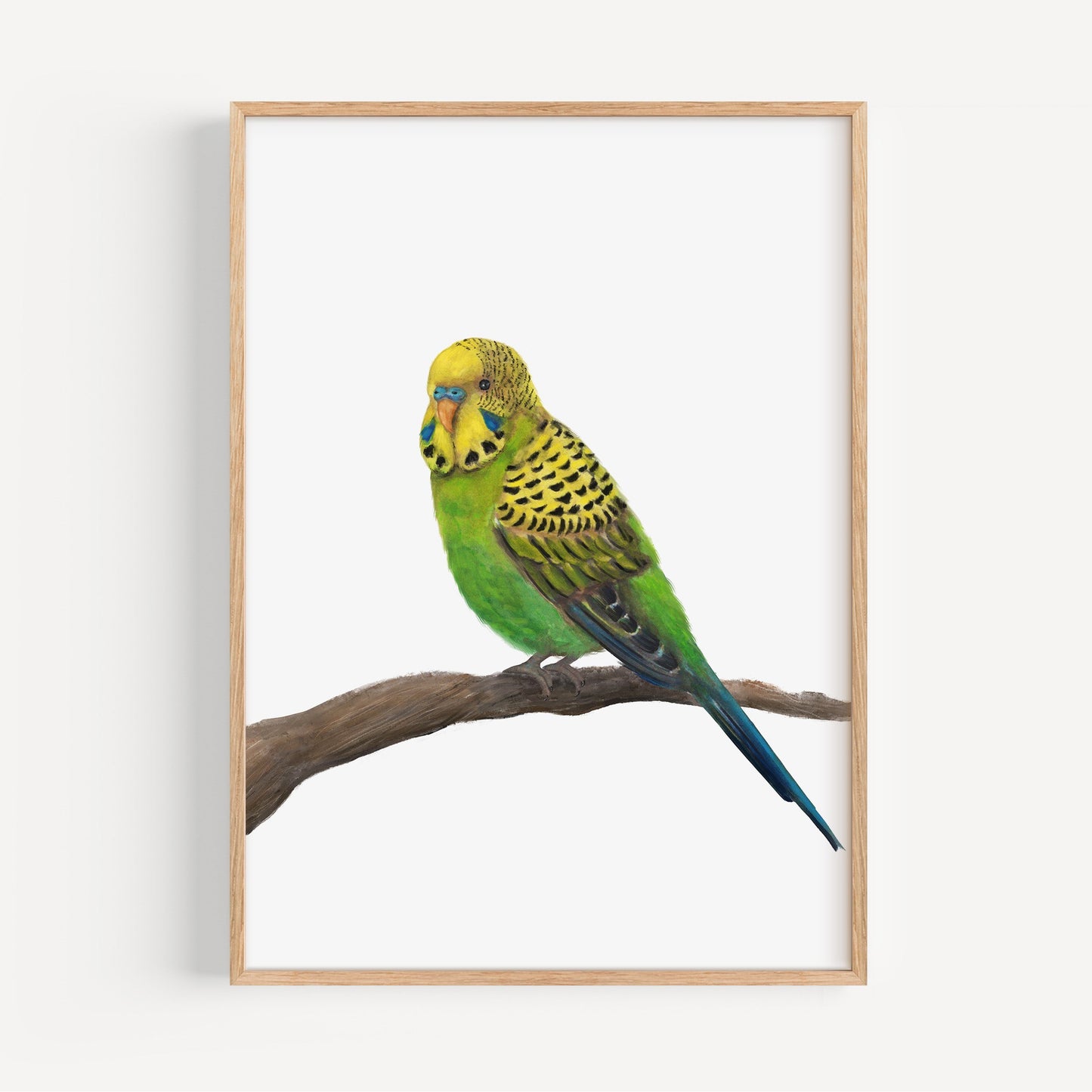 Green Budgie on Branch Art Print – Vibrant Bird Decor for Nature Lovers