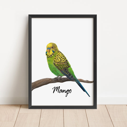 Green Budgie on Branch Art Print – Vibrant Bird Decor for Nature Lovers