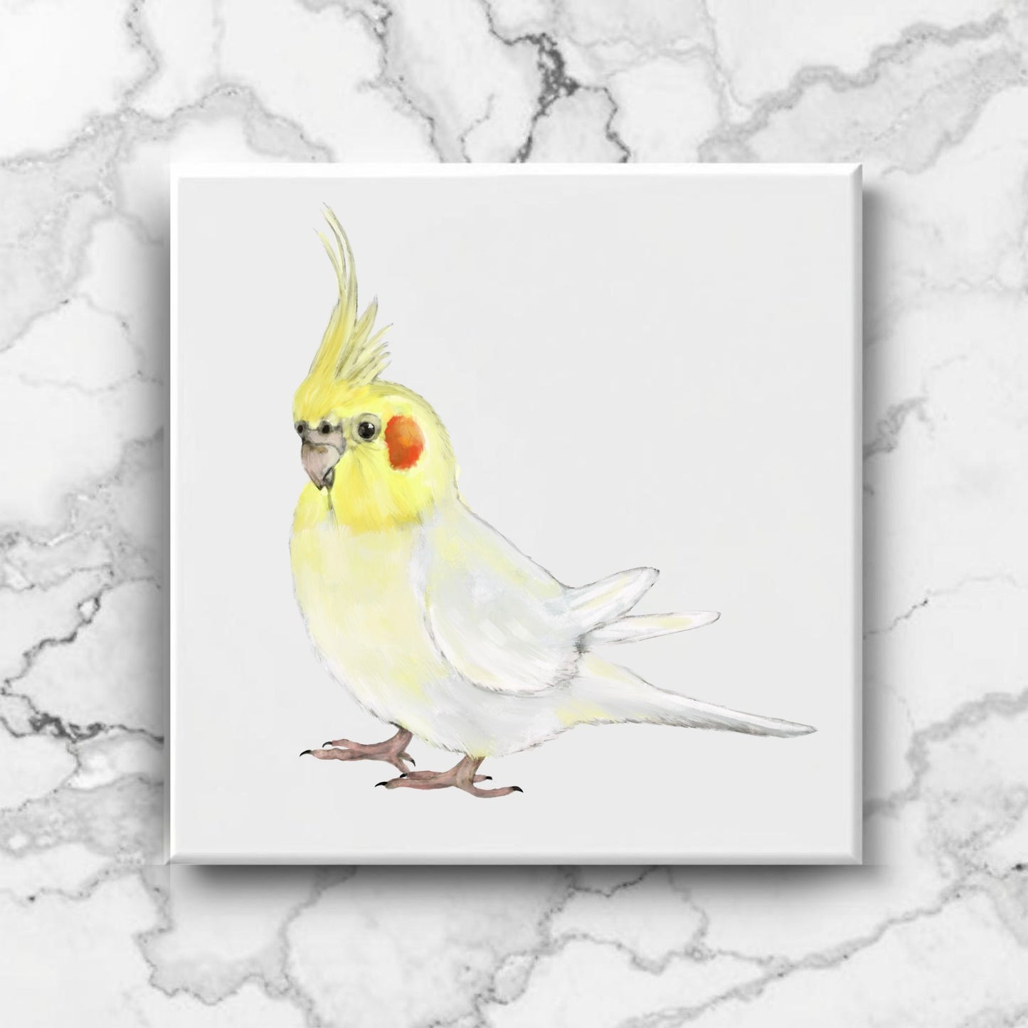 Lutino Cockatiel Ceramic Tile – Handcrafted Bird Lover Artwork