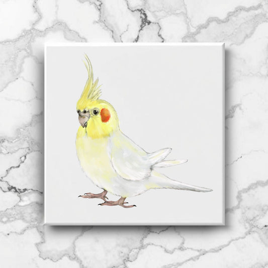 Lutino Cockatiel Ceramic Tile – Handcrafted Bird Lover Artwork