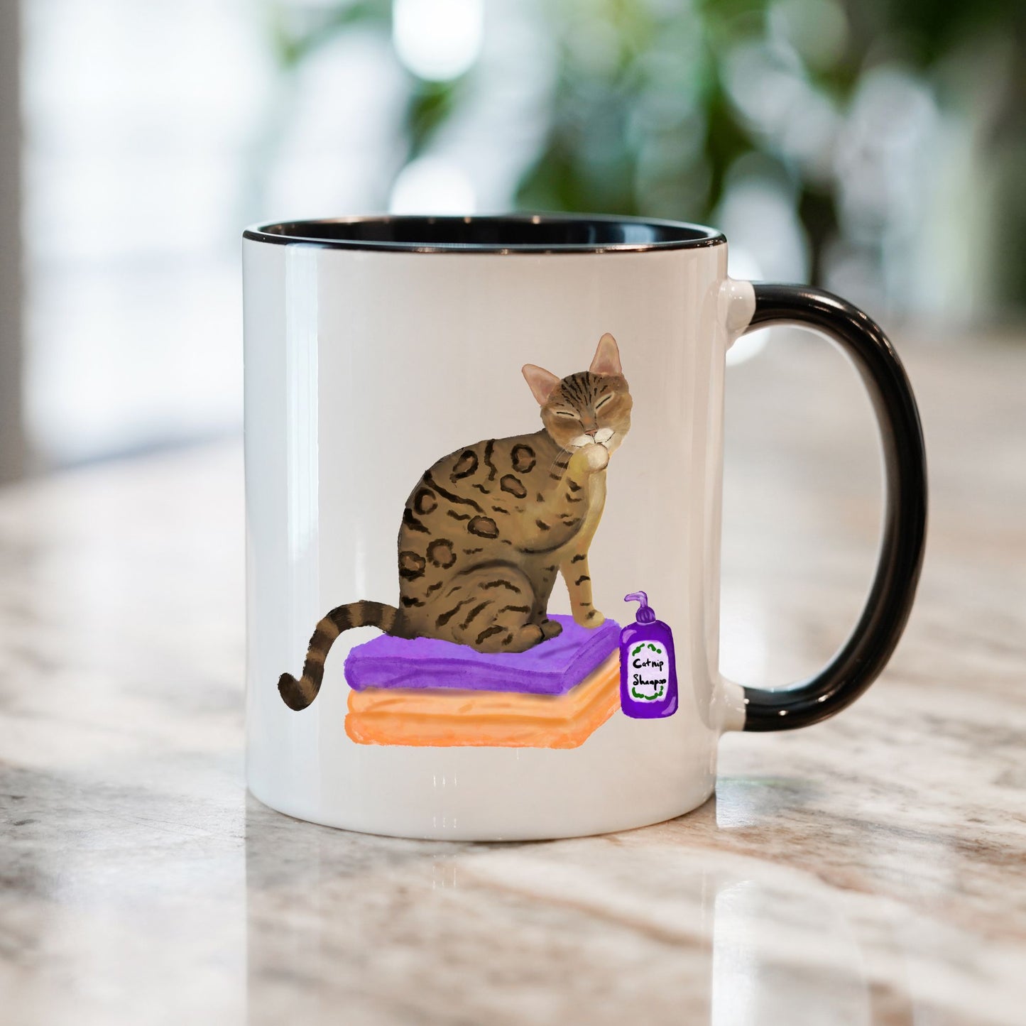 Funny Bengal Cat Mug with Shampoo Illustration