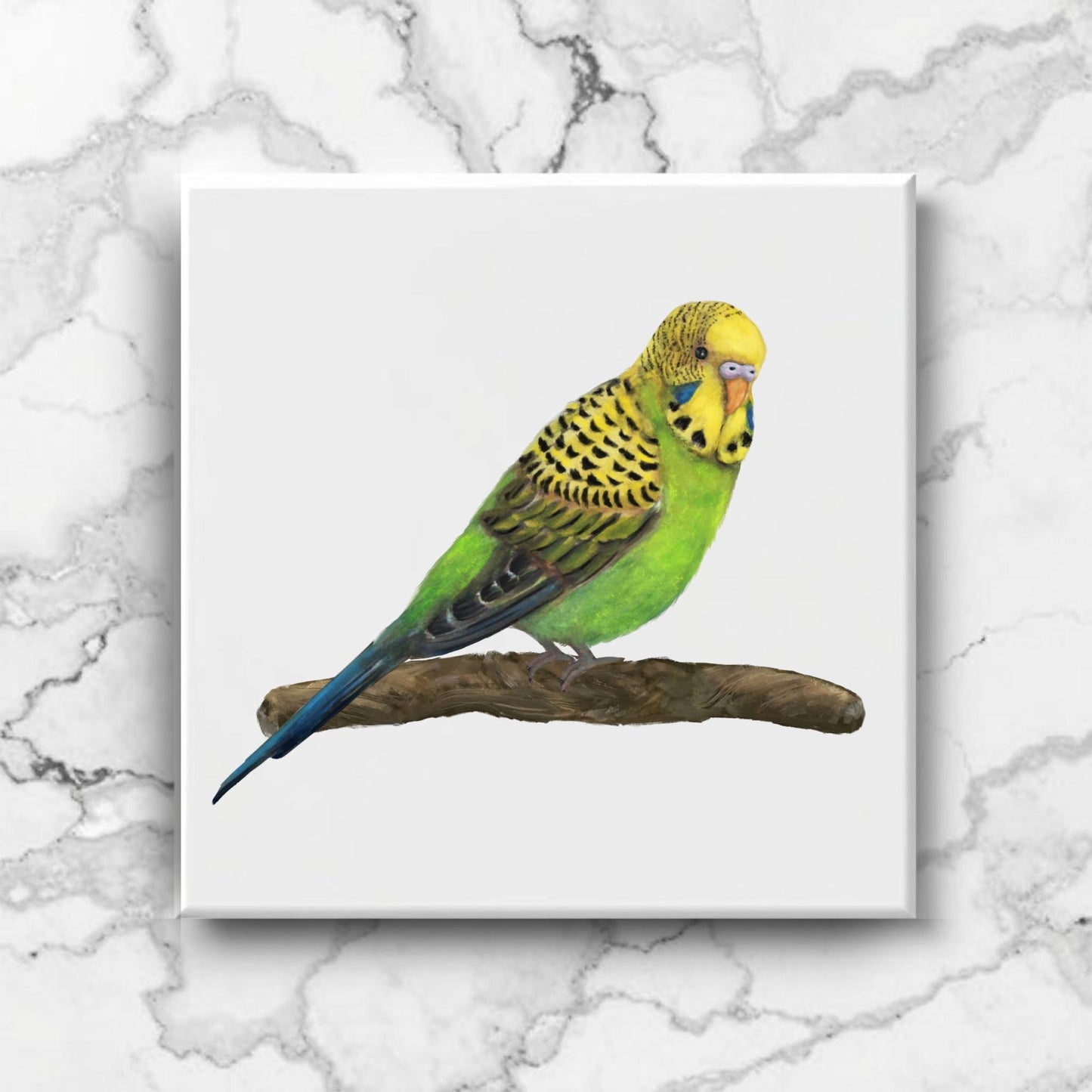 Green Budgerigar Ceramic Tile – Handcrafted Bird Lover Artwork