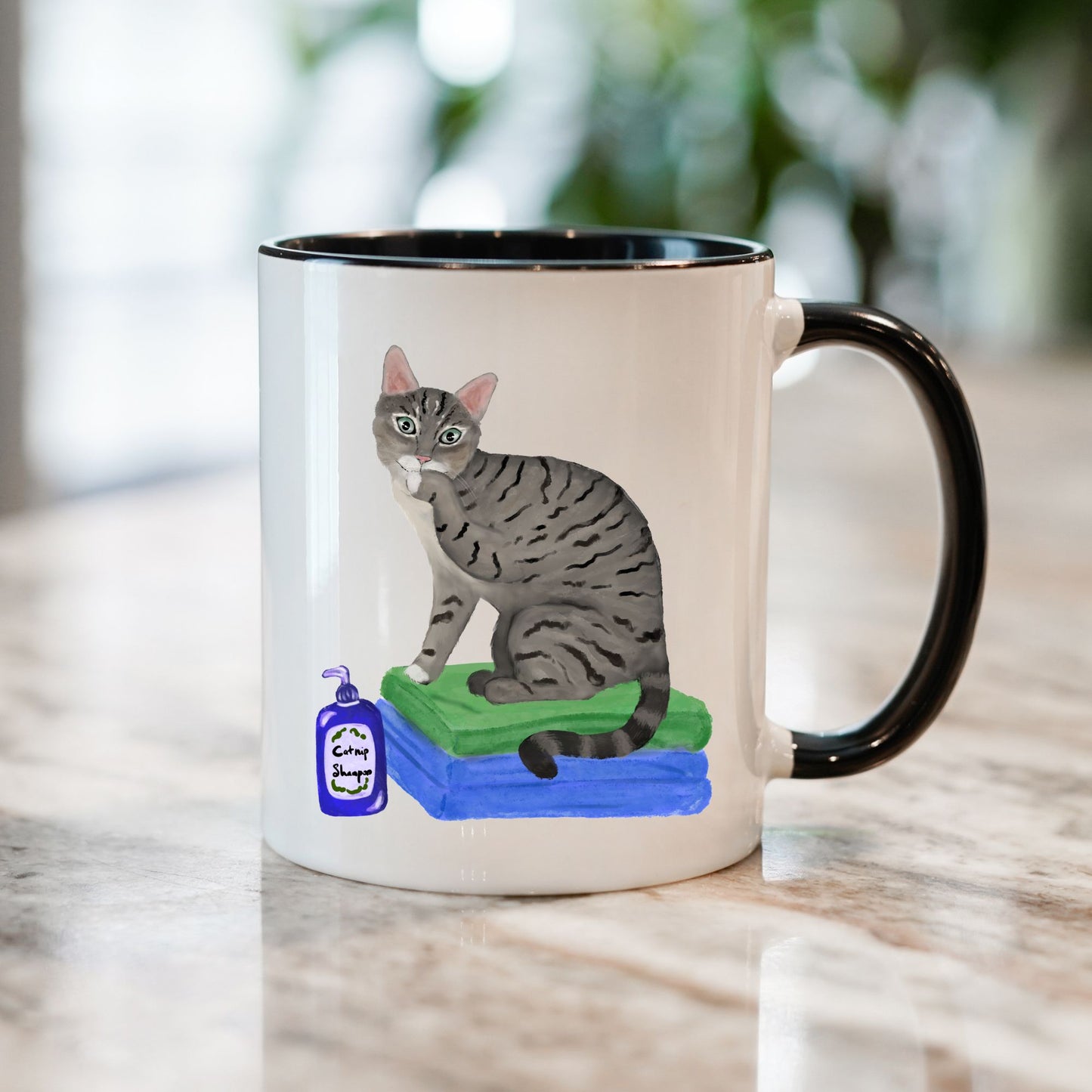 Funny Tabby Cat Ceramic Mug with Shampoo Illustration