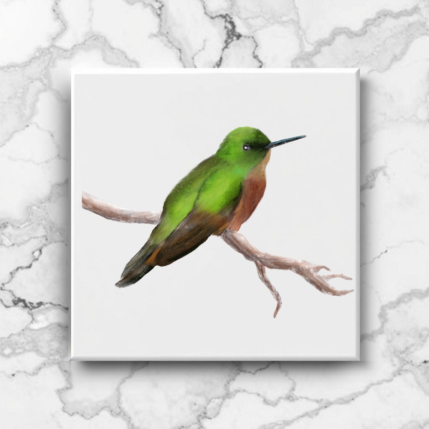 Green Hummingbird Ceramic Tile – Handcrafted Bird Lover Artwork