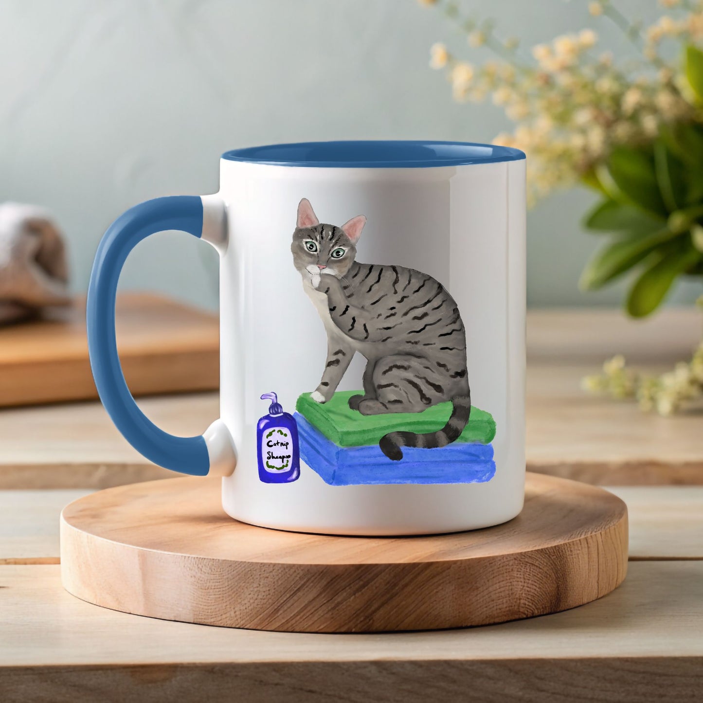 Funny Tabby Cat Ceramic Mug with Shampoo Illustration