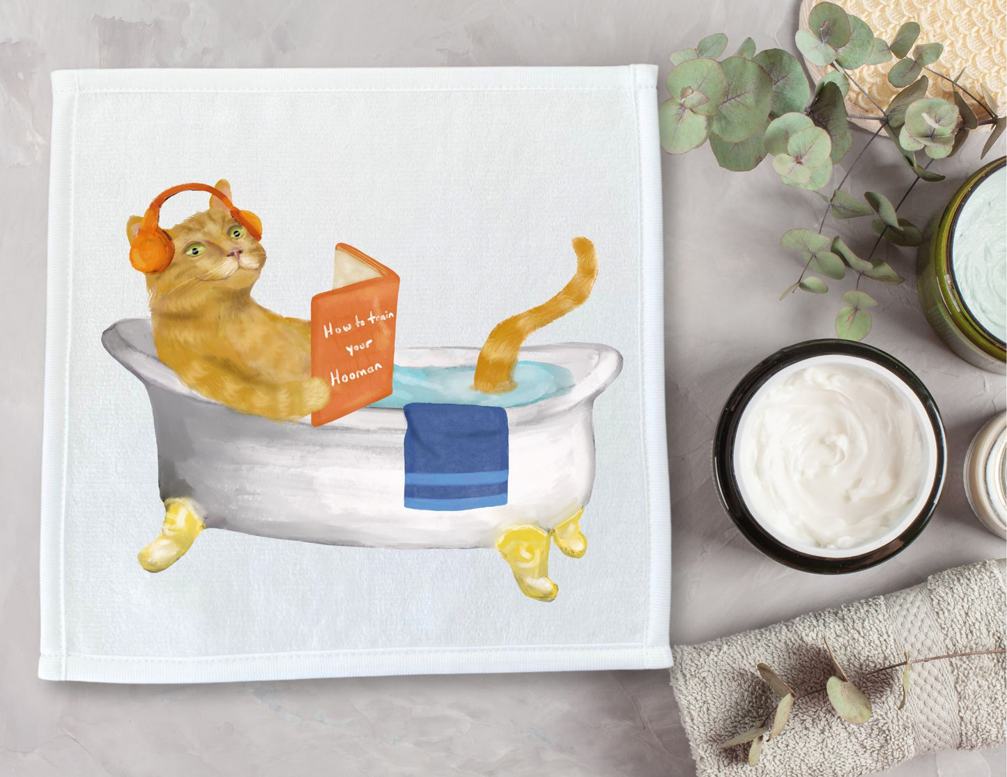 Relaxing Ginger Cat Washcloth – A Whimsical Cat Lover’s Gift