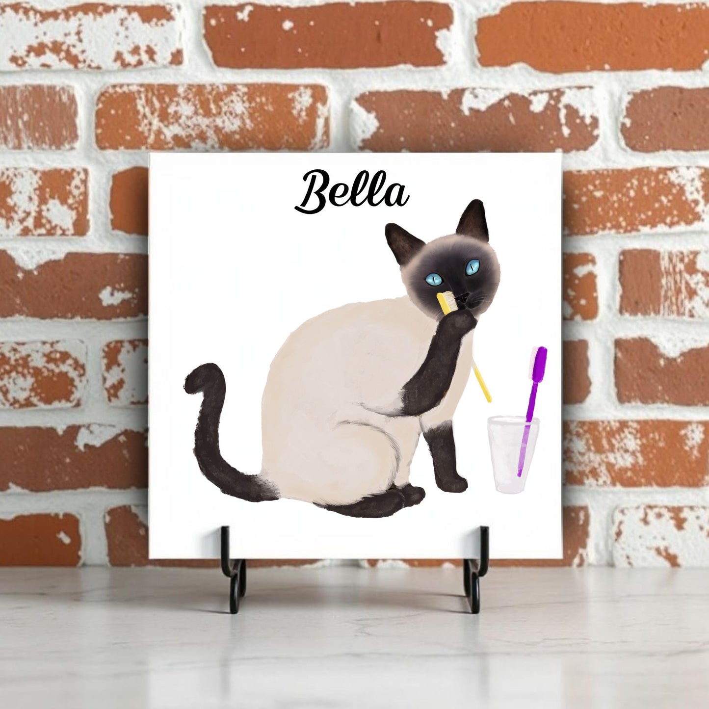 Siamese Cat with Toothbrush Ceramic Tile