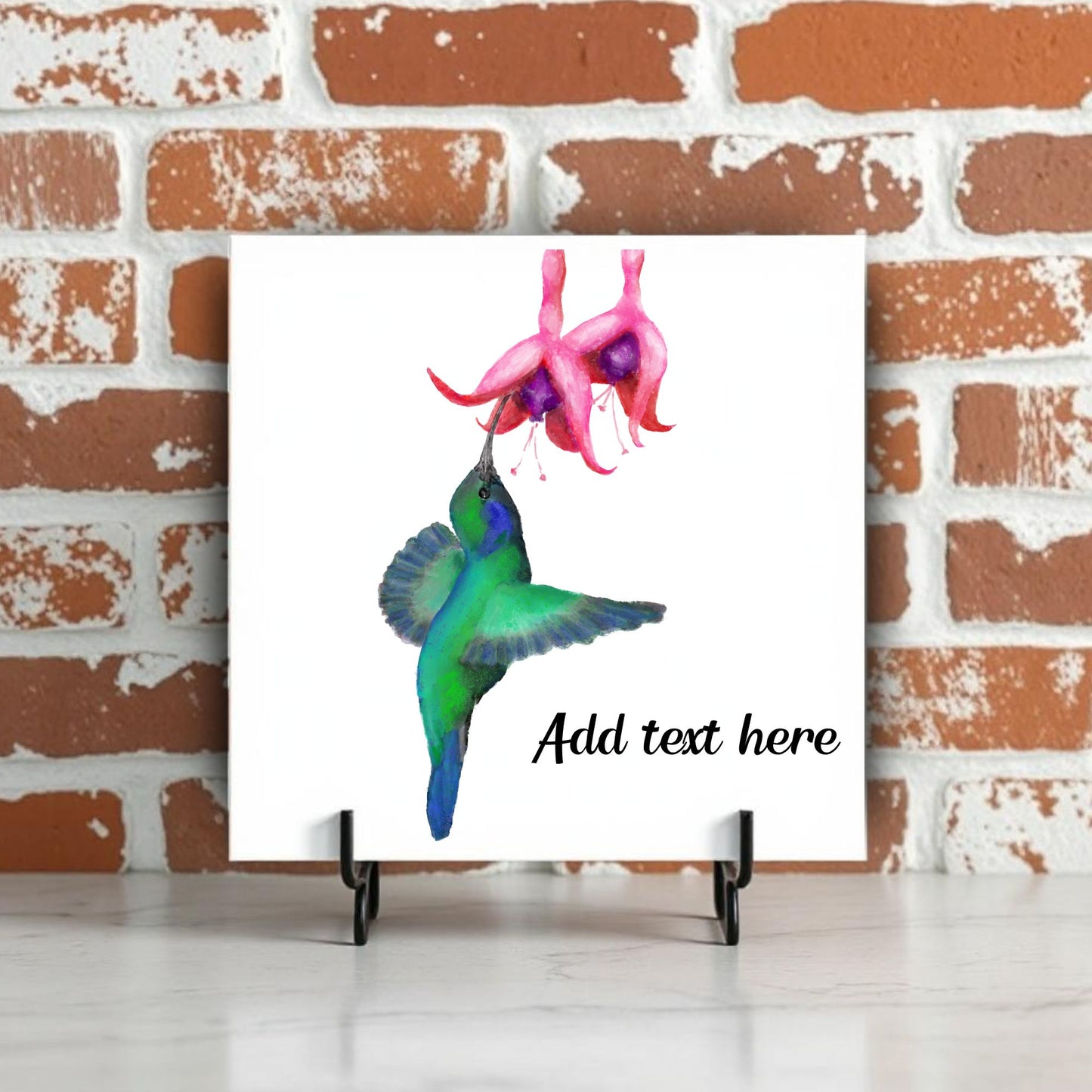 Hummingbird with Flower Ceramic Tile – Handcrafted Vibrant Bird Artwork