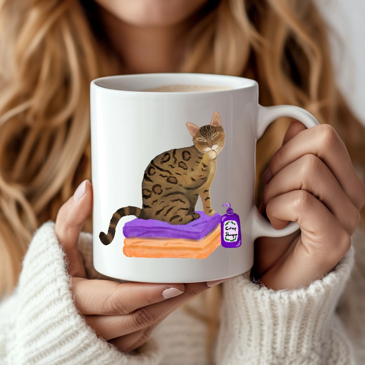 Funny Bengal Cat Mug with Shampoo Illustration