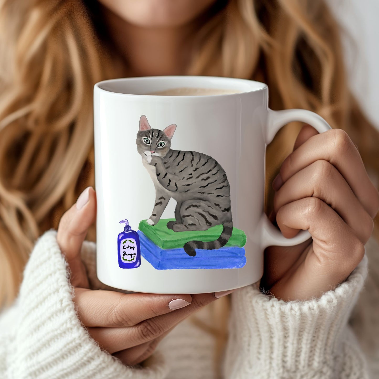 Funny Tabby Cat Ceramic Mug with Shampoo Illustration