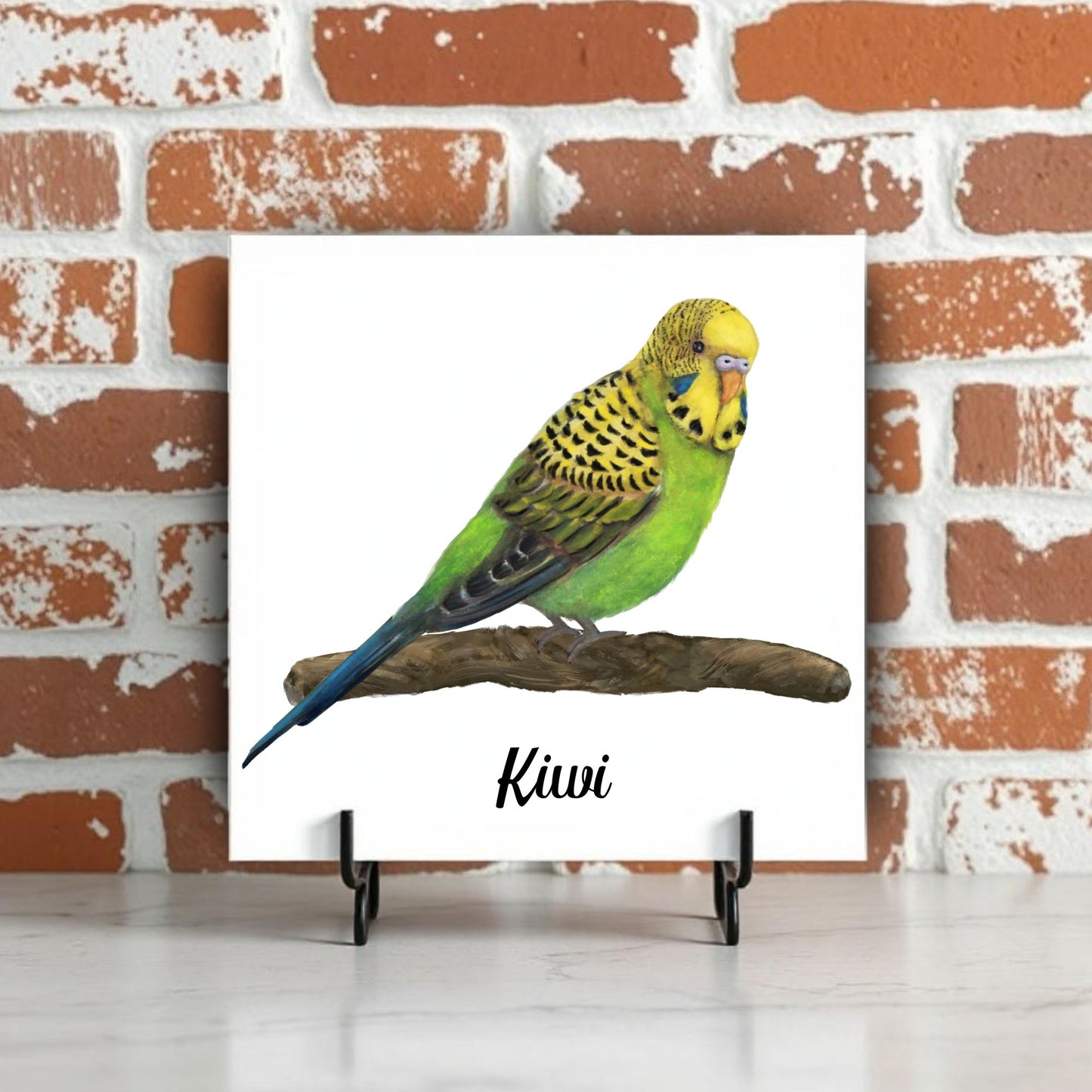 Green Budgerigar Ceramic Tile – Handcrafted Bird Lover Artwork