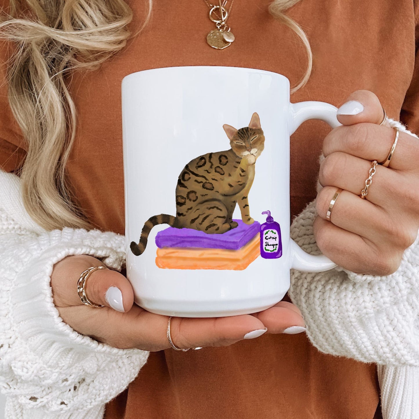 Funny Bengal Cat Mug with Shampoo Illustration