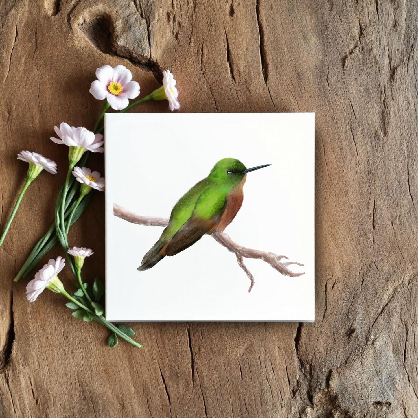 Green Hummingbird Ceramic Tile – Handcrafted Bird Lover Artwork