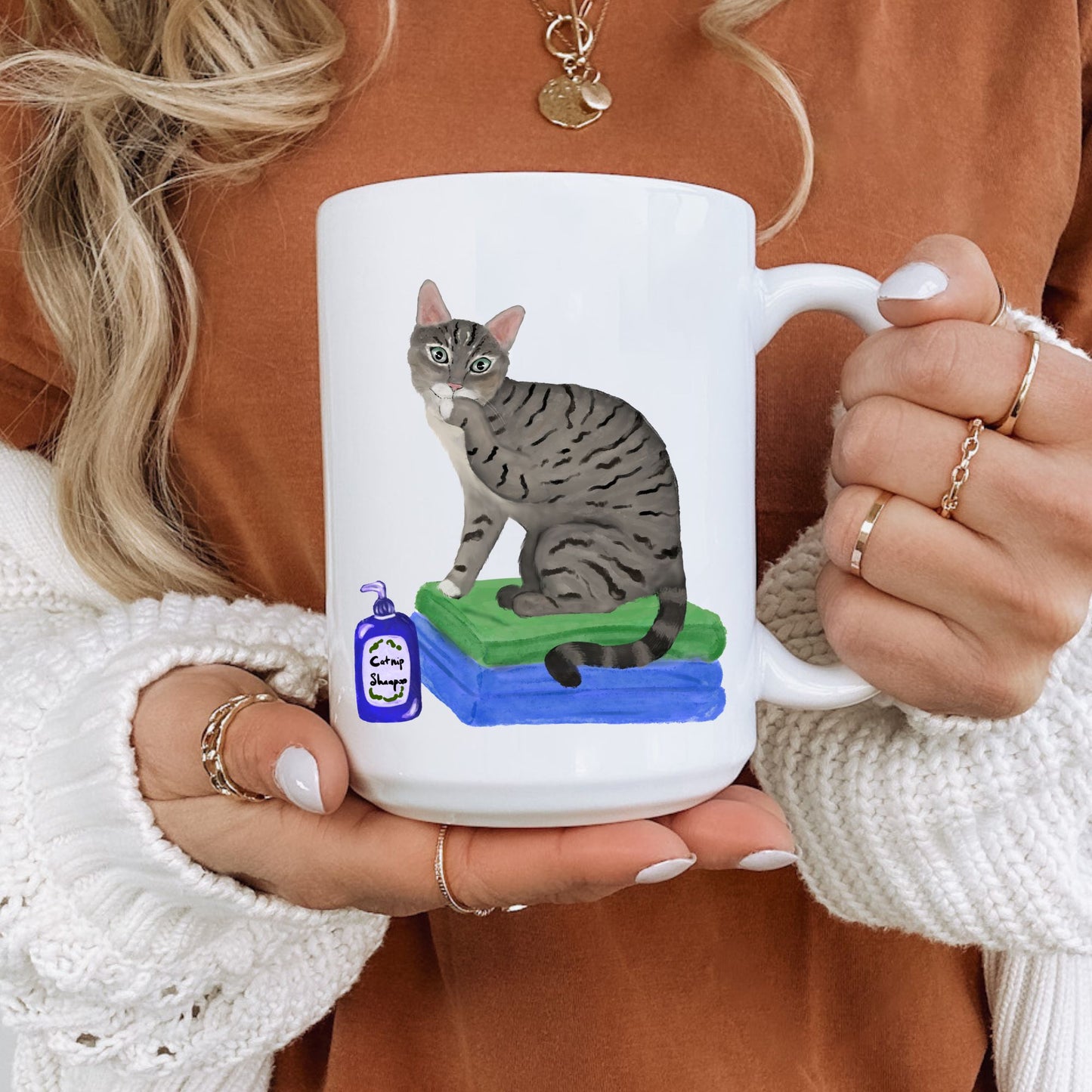 Funny Tabby Cat Ceramic Mug with Shampoo Illustration