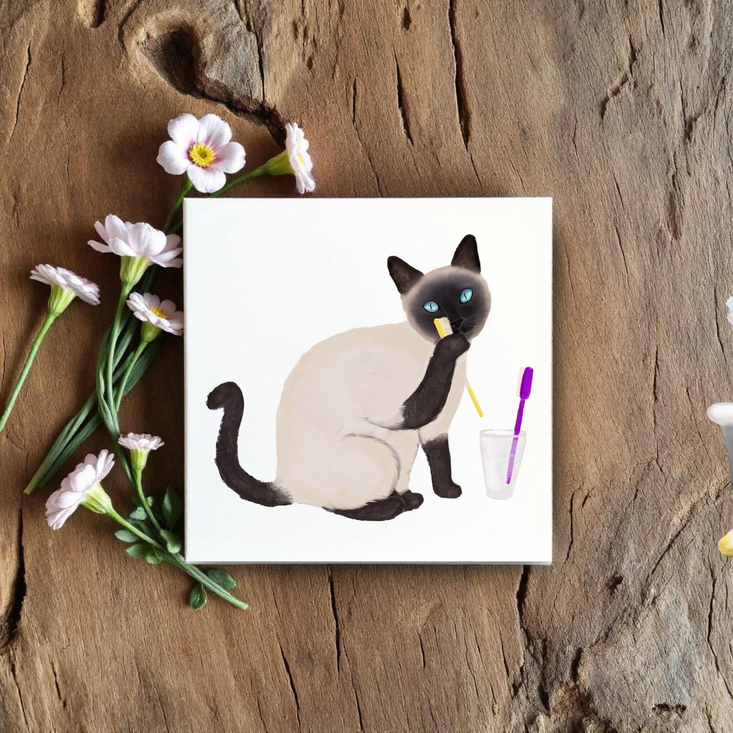 Siamese Cat with Toothbrush Ceramic Tile