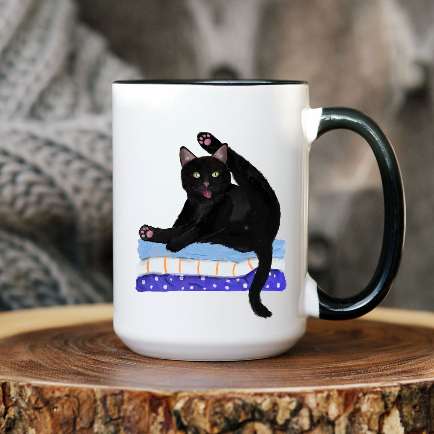 Funny Black Cat on Blankets Ceramic Coffee Mug