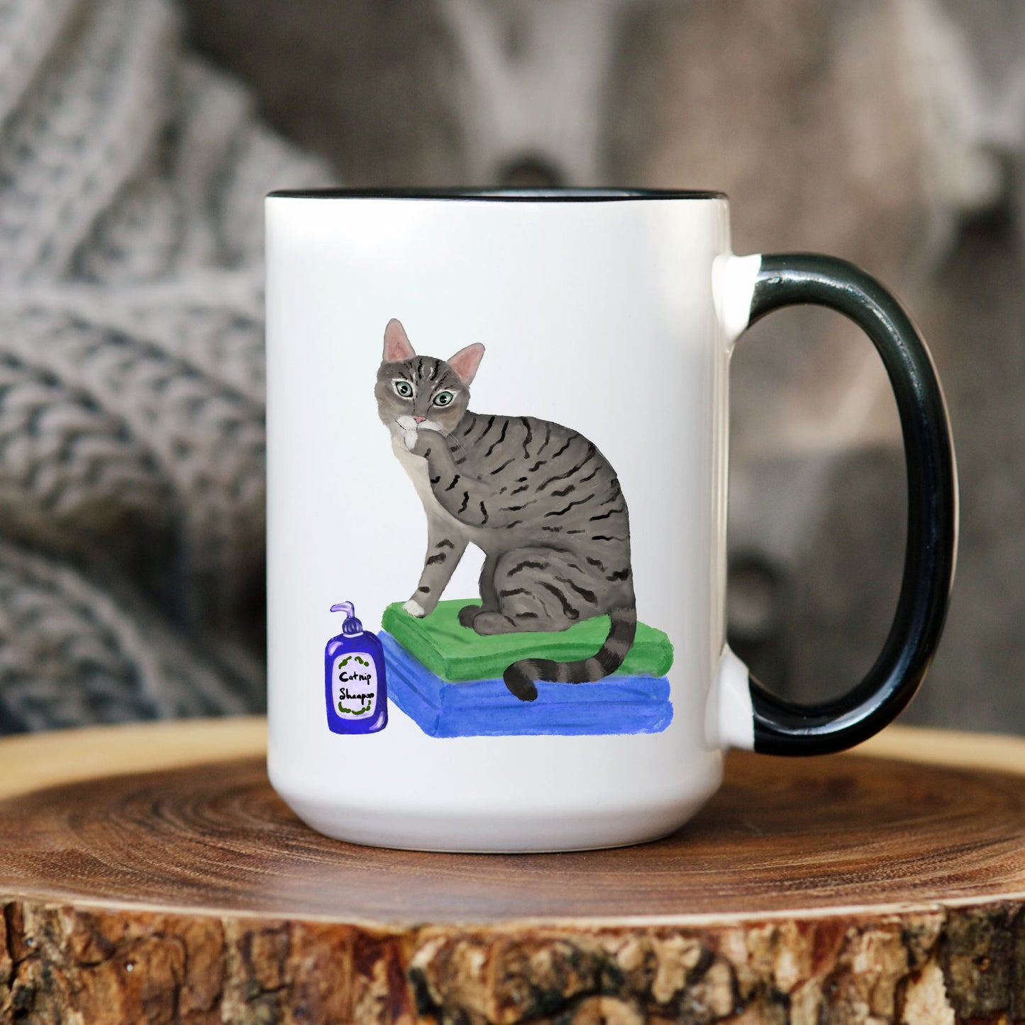 Funny Tabby Cat Ceramic Mug with Shampoo Illustration