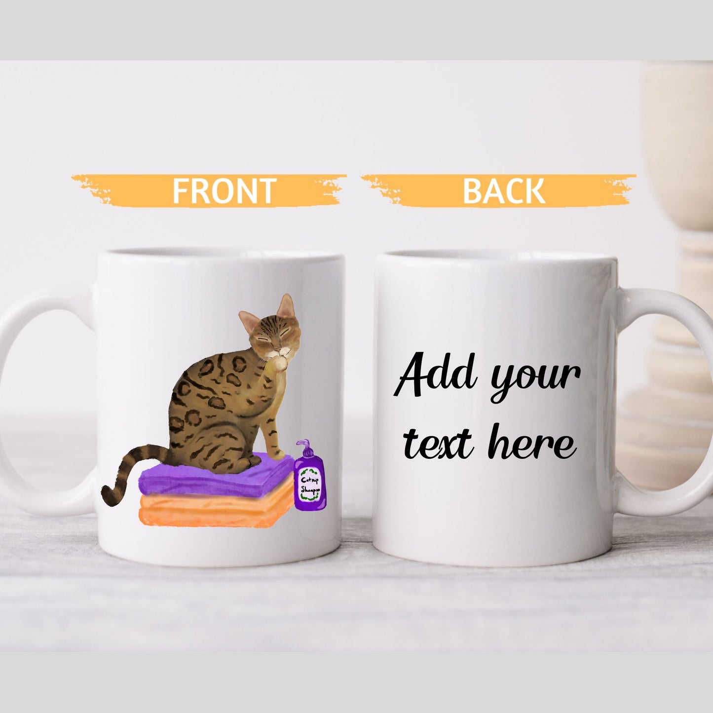 Funny Bengal Cat Mug with Shampoo Illustration