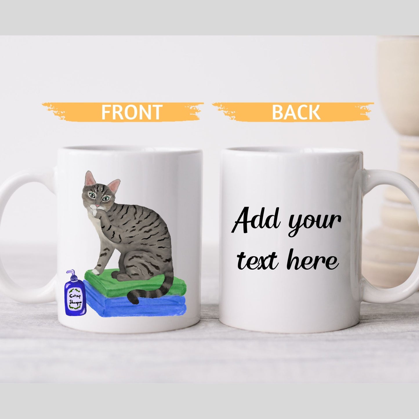 Funny Tabby Cat Ceramic Mug with Shampoo Illustration