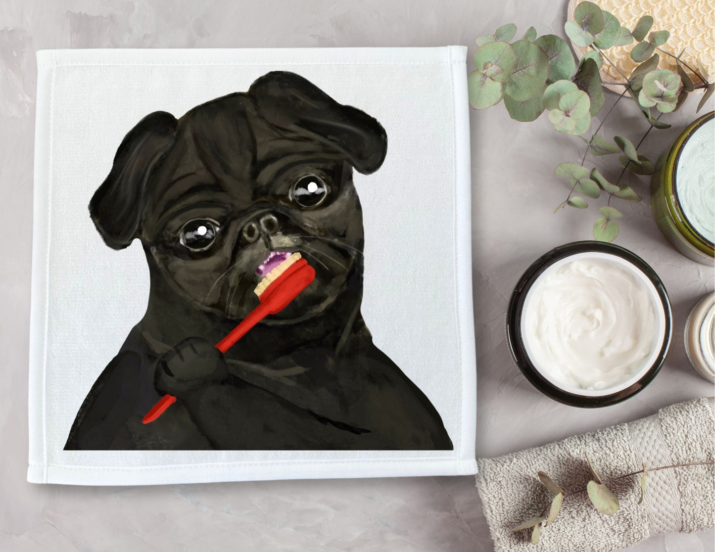 Adorable Pug Toothbrushing Washcloth - MerikaArt