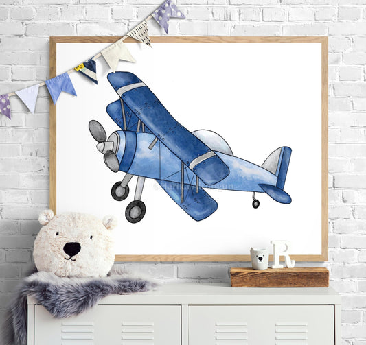 Airplane Wall Art, Kids Transportation Print, Blue Vintage Plane Painting, Playroom and Nursery Art, Kids Adventure Print, Boys Room Gift - MerikaArt