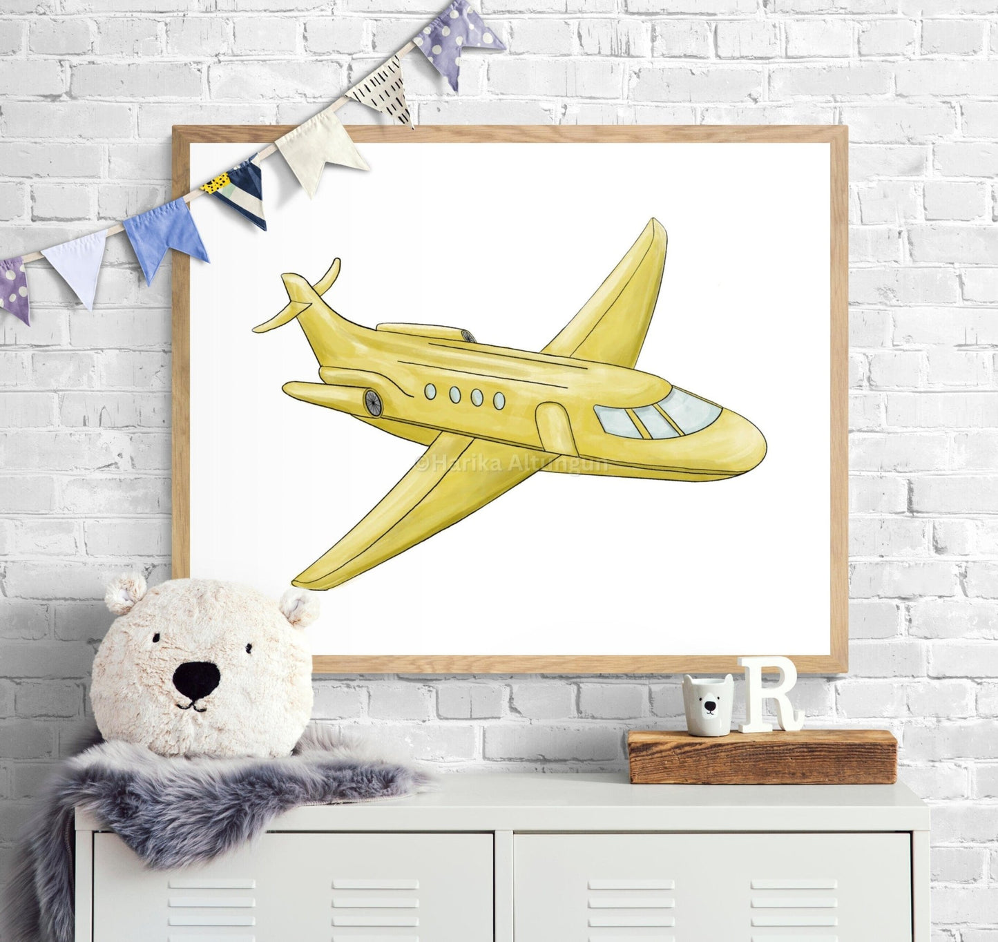 Airplane Wall Art, Kids Transportation Print, Yellow Private Plane Painting, Playroom and Nursery Art, Kids Adventure Print, Boys Room Gift - MerikaArt