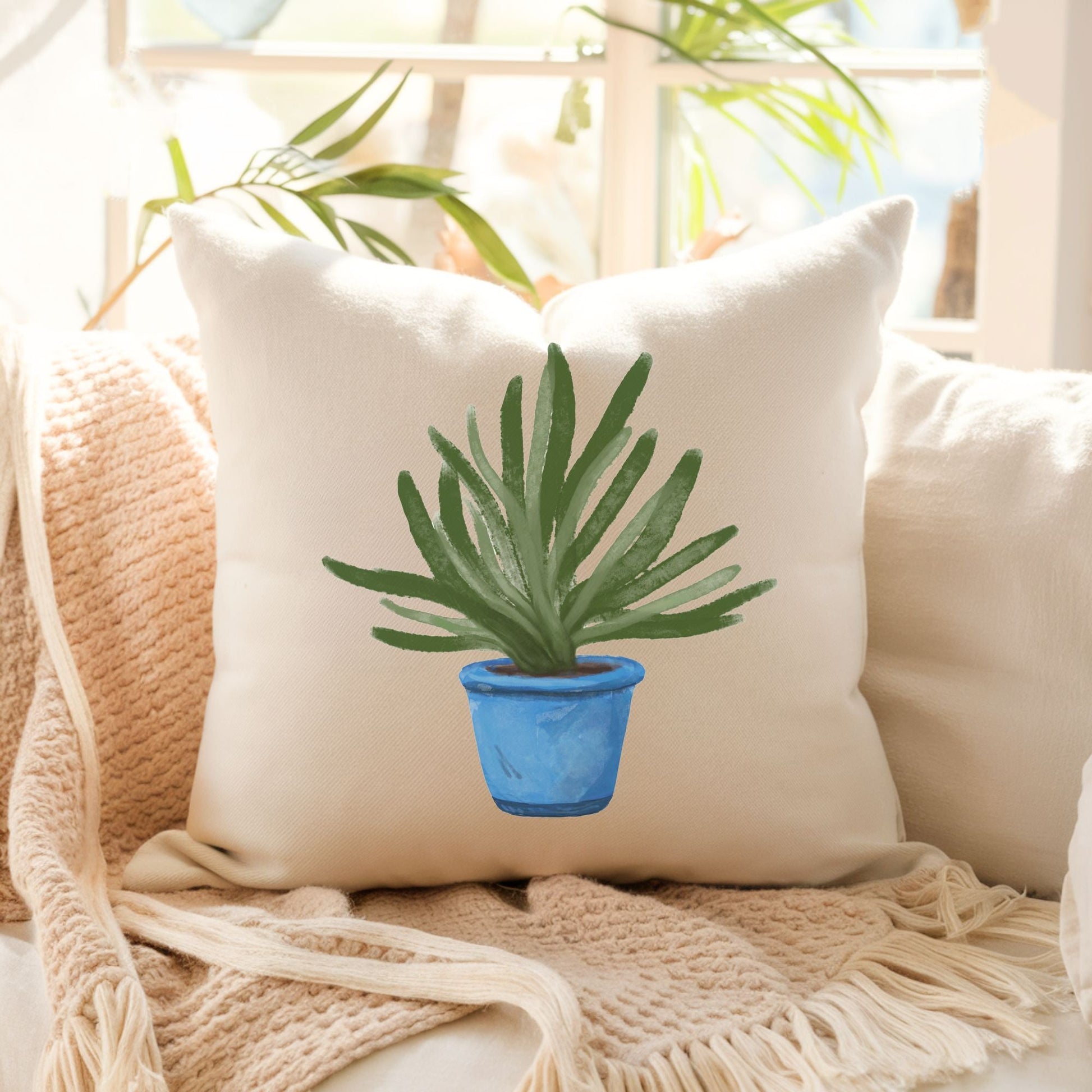 Aloe Plant Pillow in Blue Pot - MerikaArt