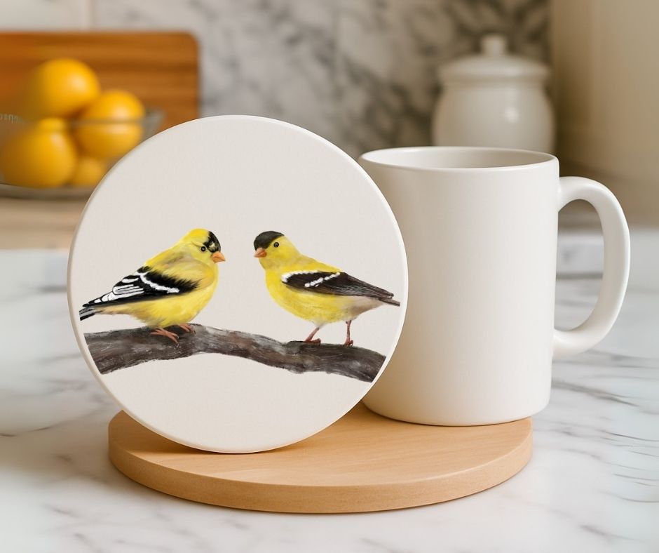 American Goldfinch Birds Ceramic Coaster - MerikaArt