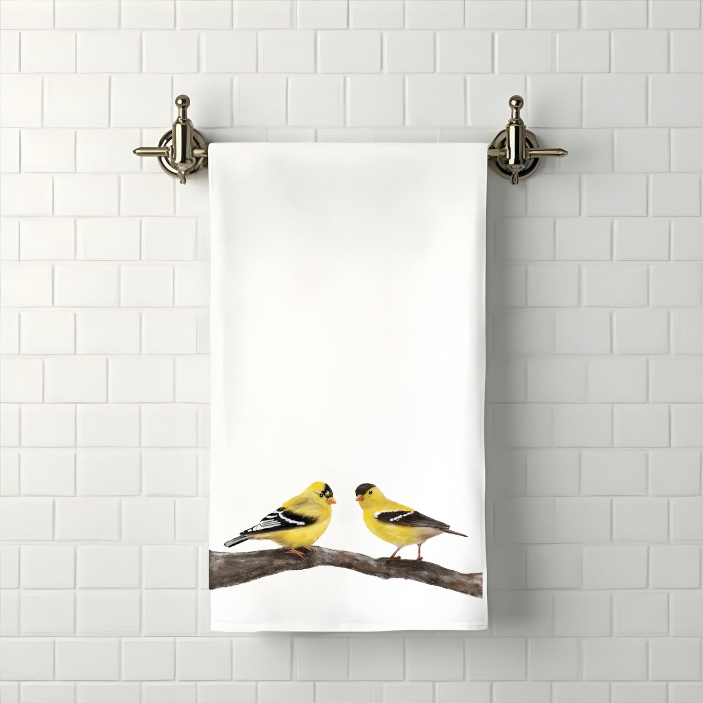 American Goldfinch Pair on Branch Bathroom Towel - MerikaArt