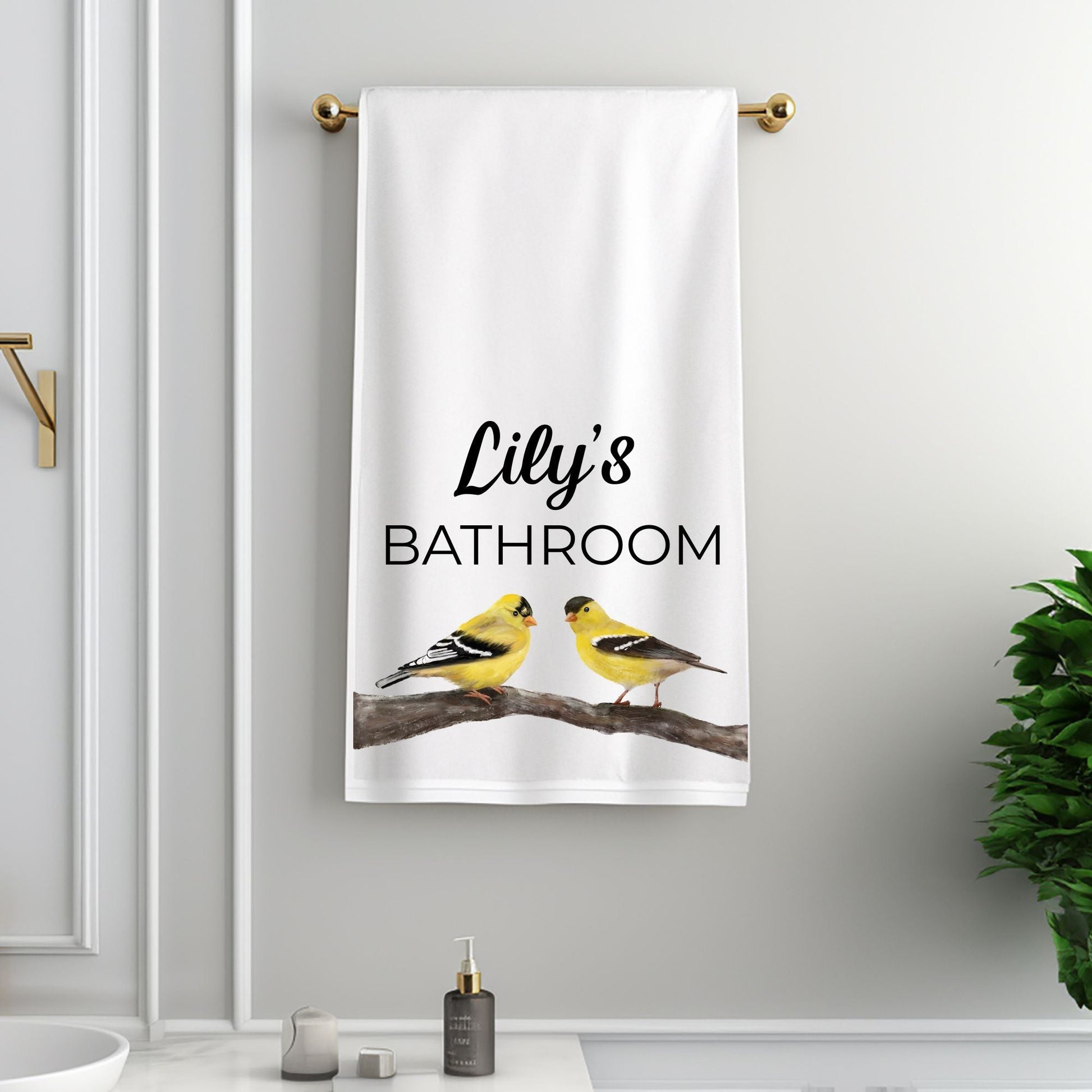American Goldfinch Pair on Branch Bathroom Towel - MerikaArt