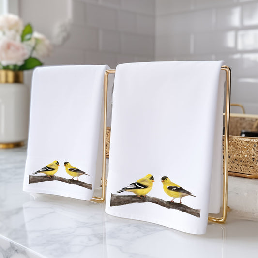American Goldfinch Pair on Branch Bathroom Towel - MerikaArt
