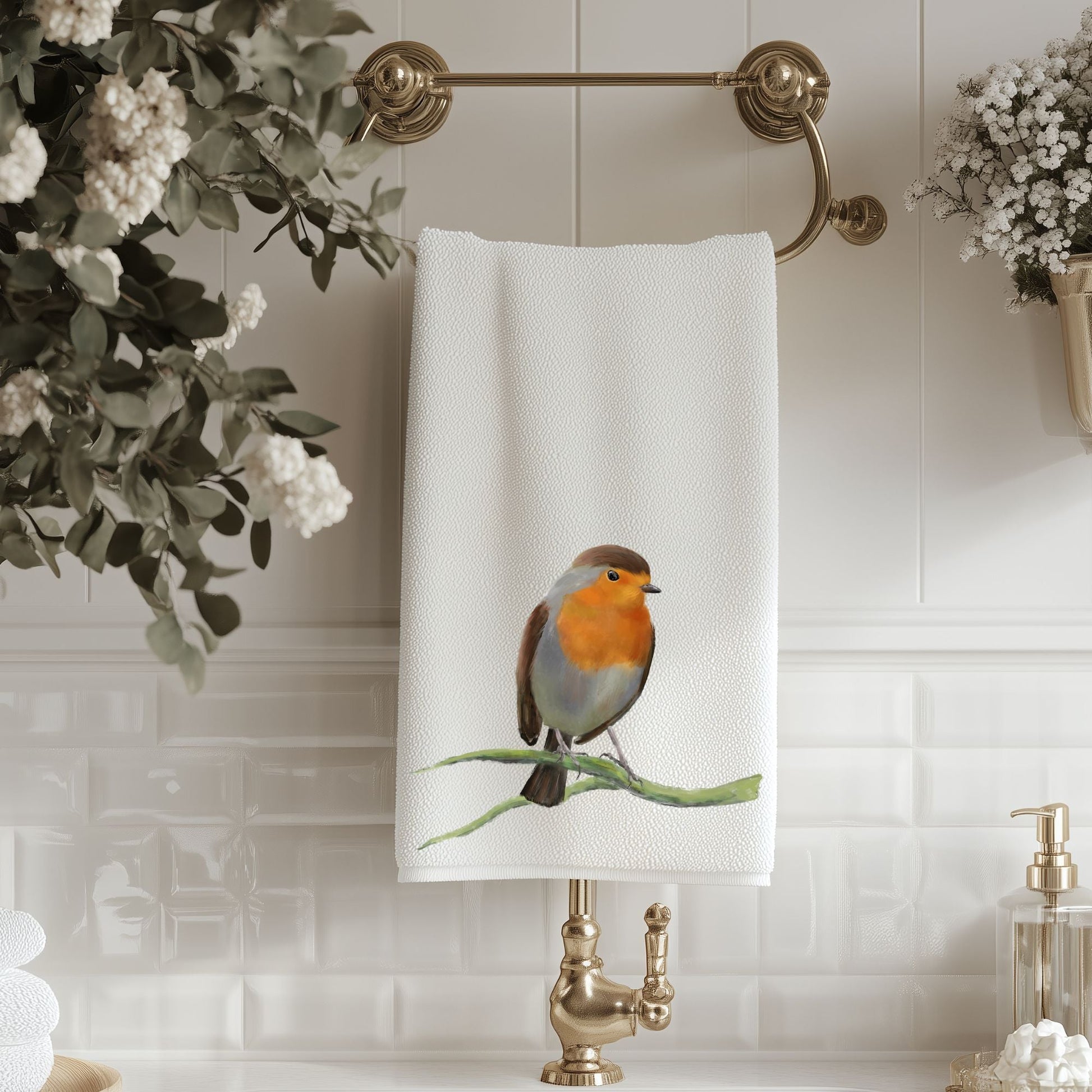 American Robin on Branch Bathroom Towel - MerikaArt