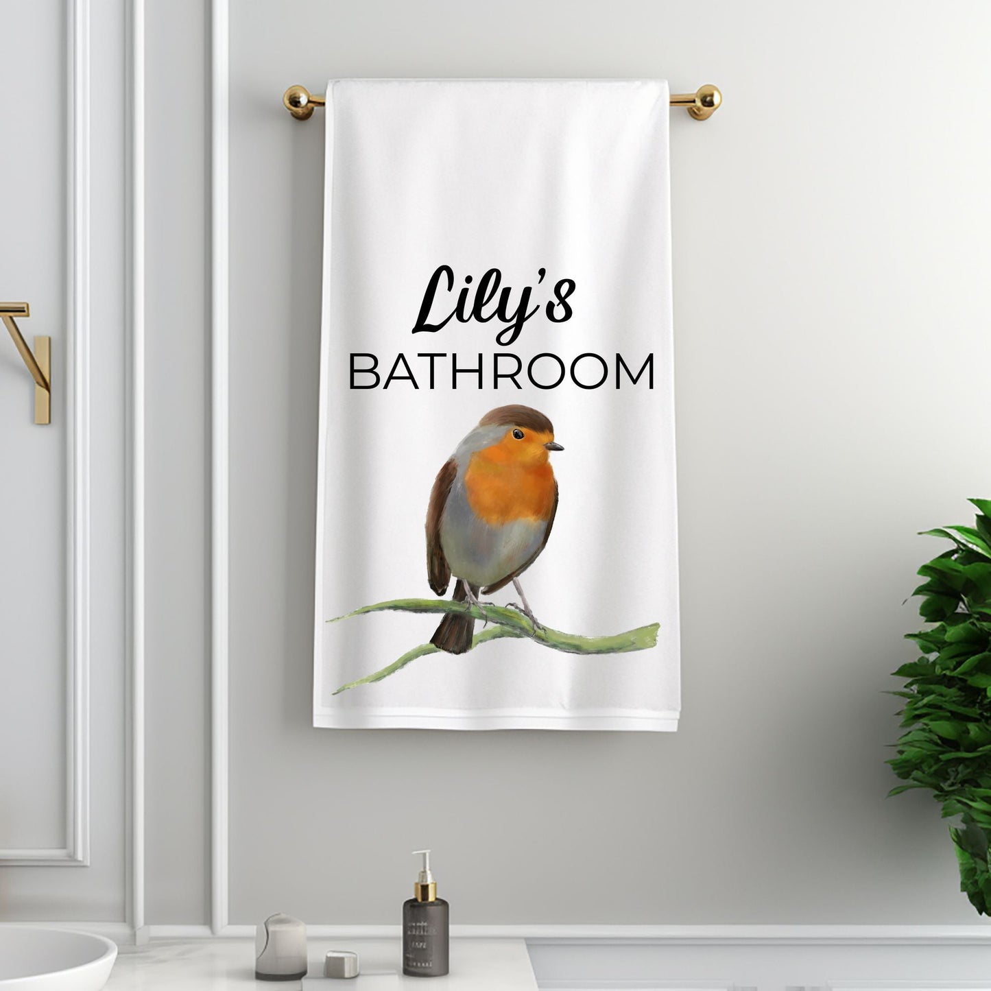 American Robin on Branch Bathroom Towel - MerikaArt