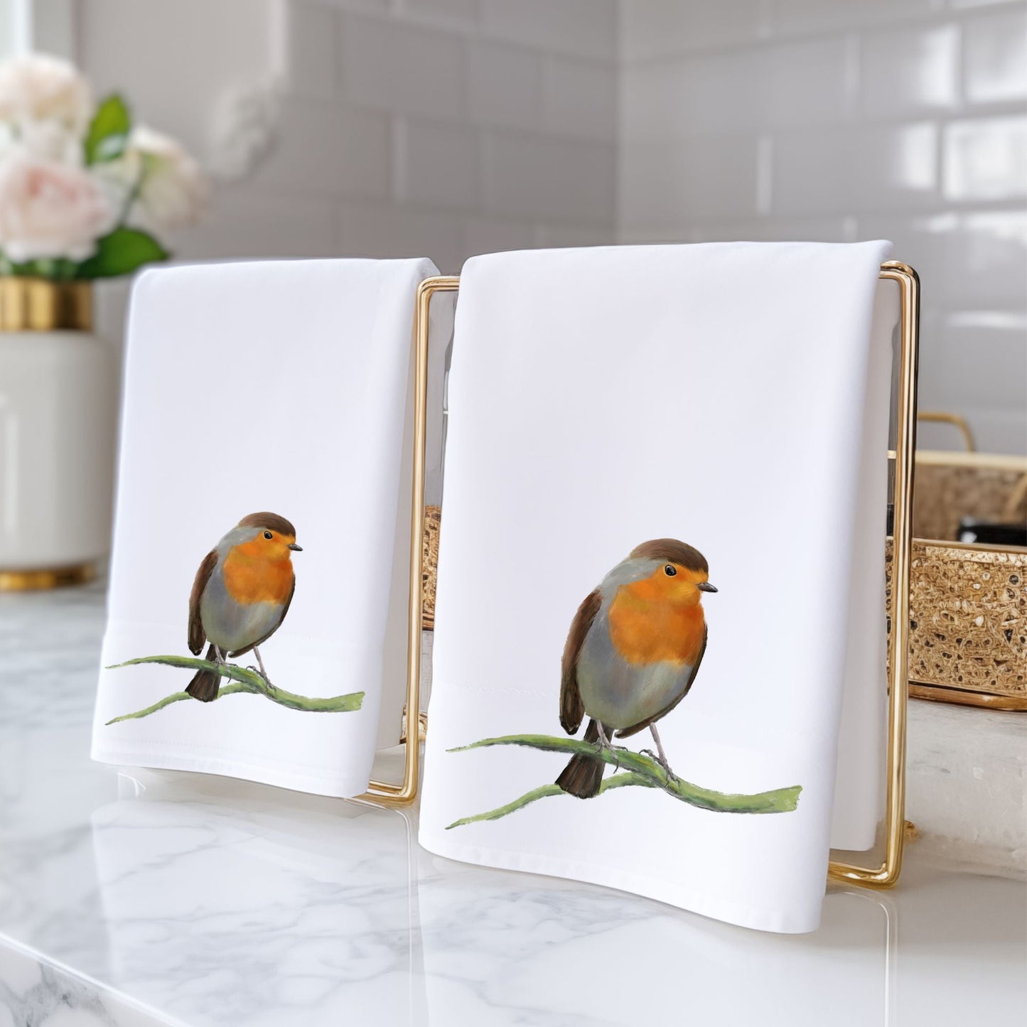 American Robin on Branch Bathroom Towel - MerikaArt