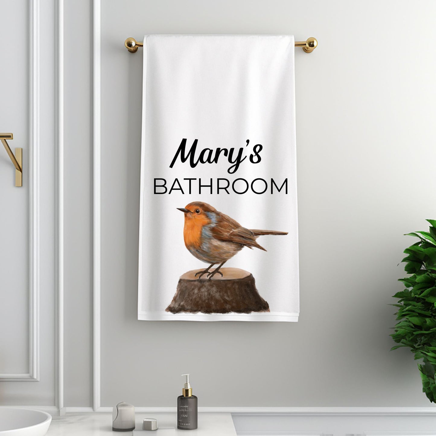 American Robin on Tree Stump Bathroom Towel - MerikaArt