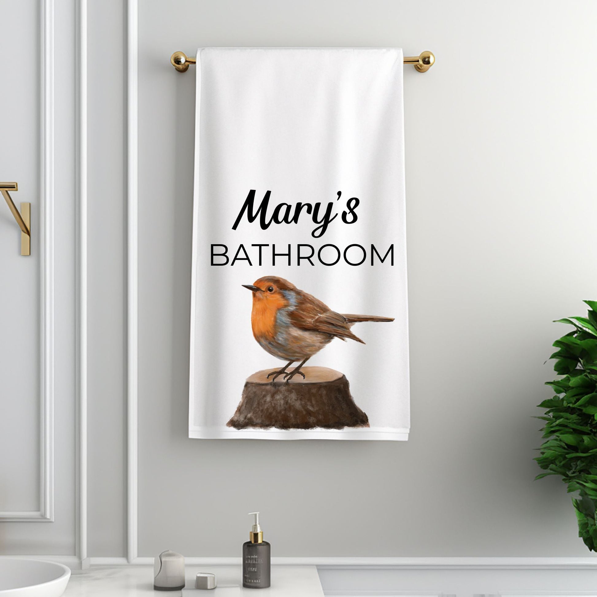American Robin on Tree Stump Bathroom Towel - MerikaArt