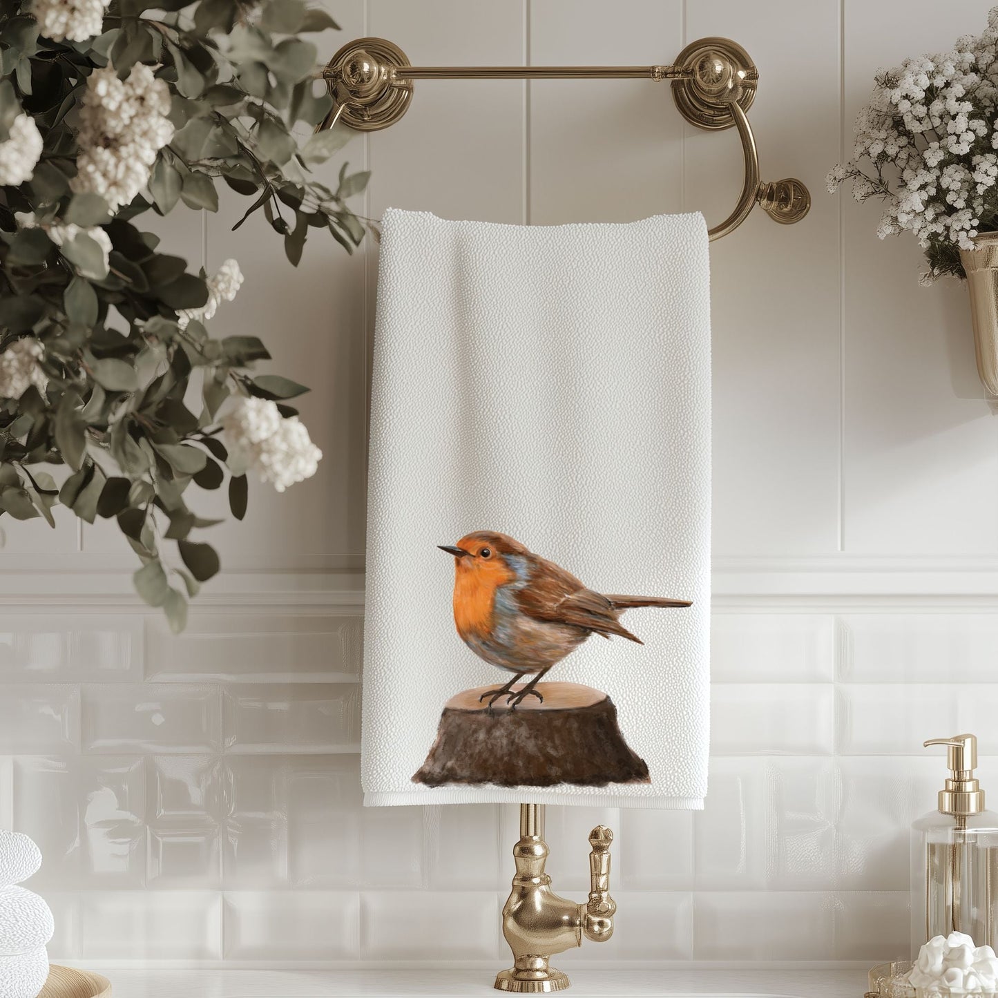American Robin on Tree Stump Bathroom Towel - MerikaArt