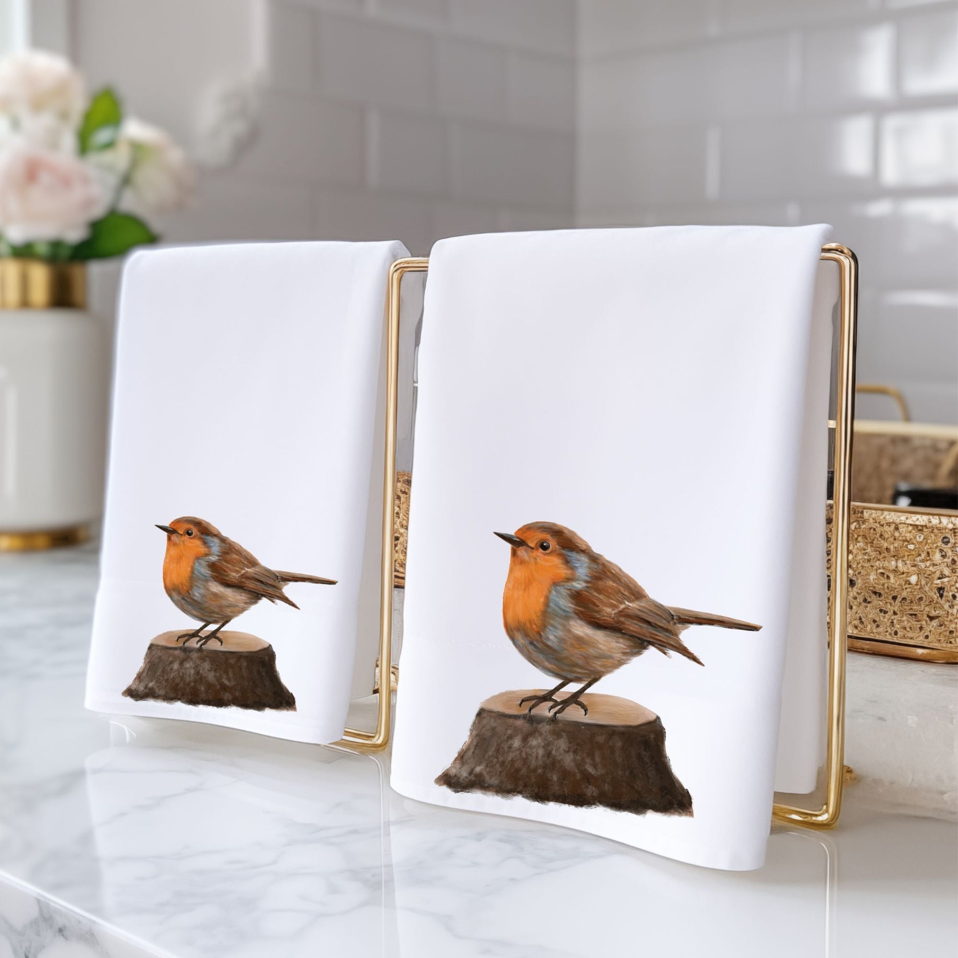 American Robin on Tree Stump Bathroom Towel - MerikaArt