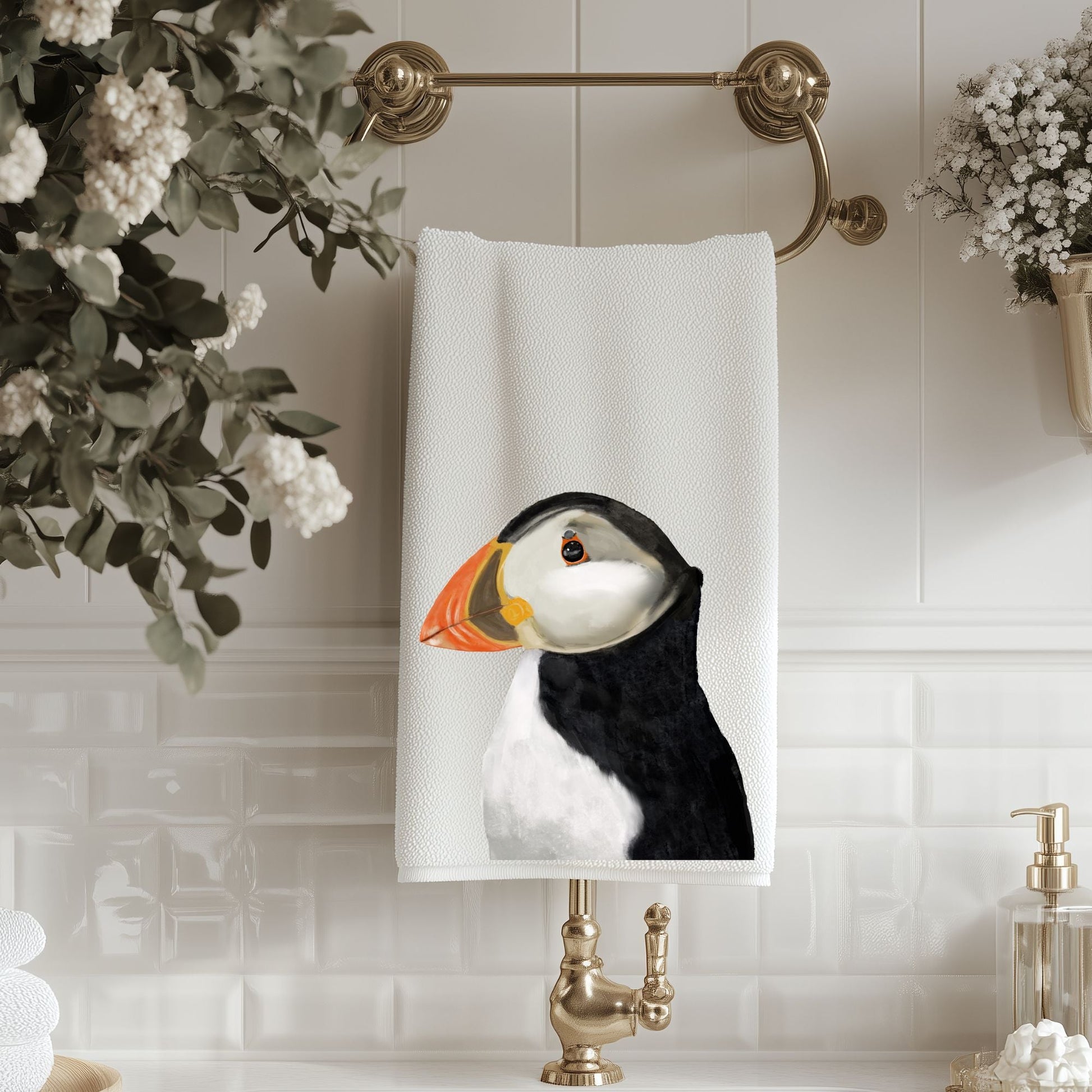 Atlantic Puffin Bathroom Towel - MerikaArt