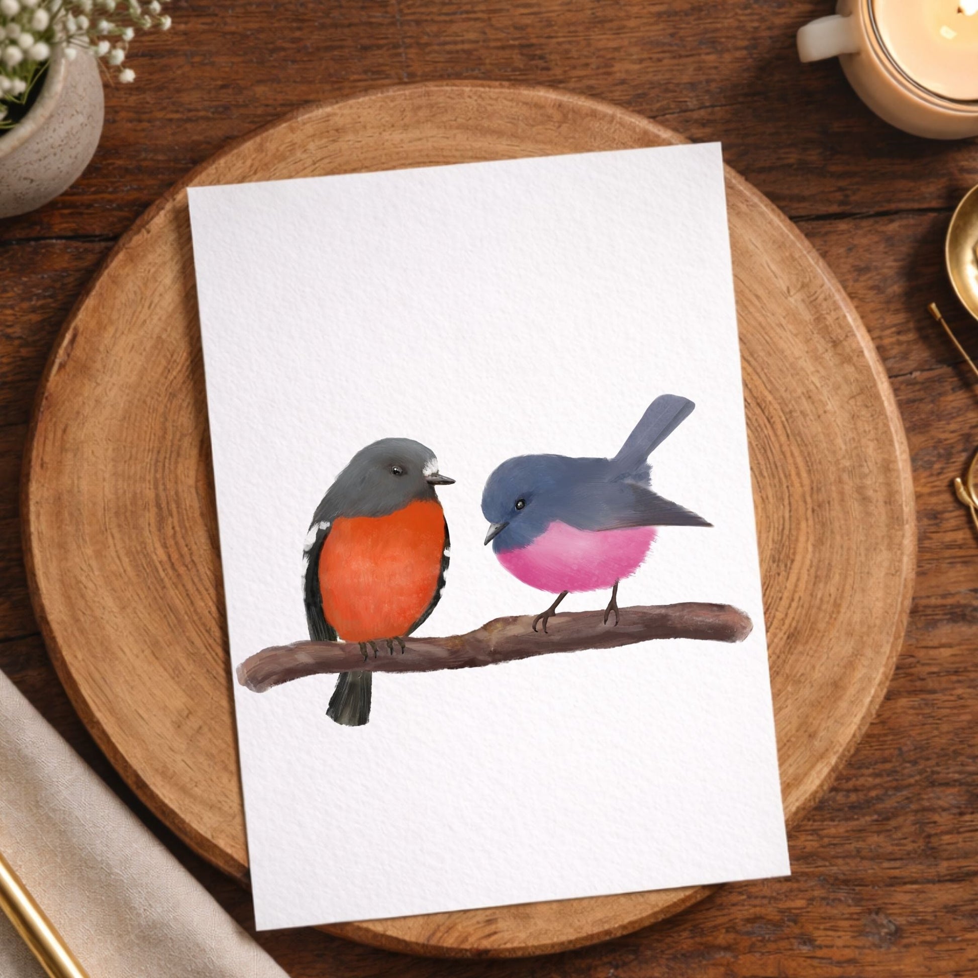 Australian Flame And Pink Robin Pair Postcard - MerikaArt